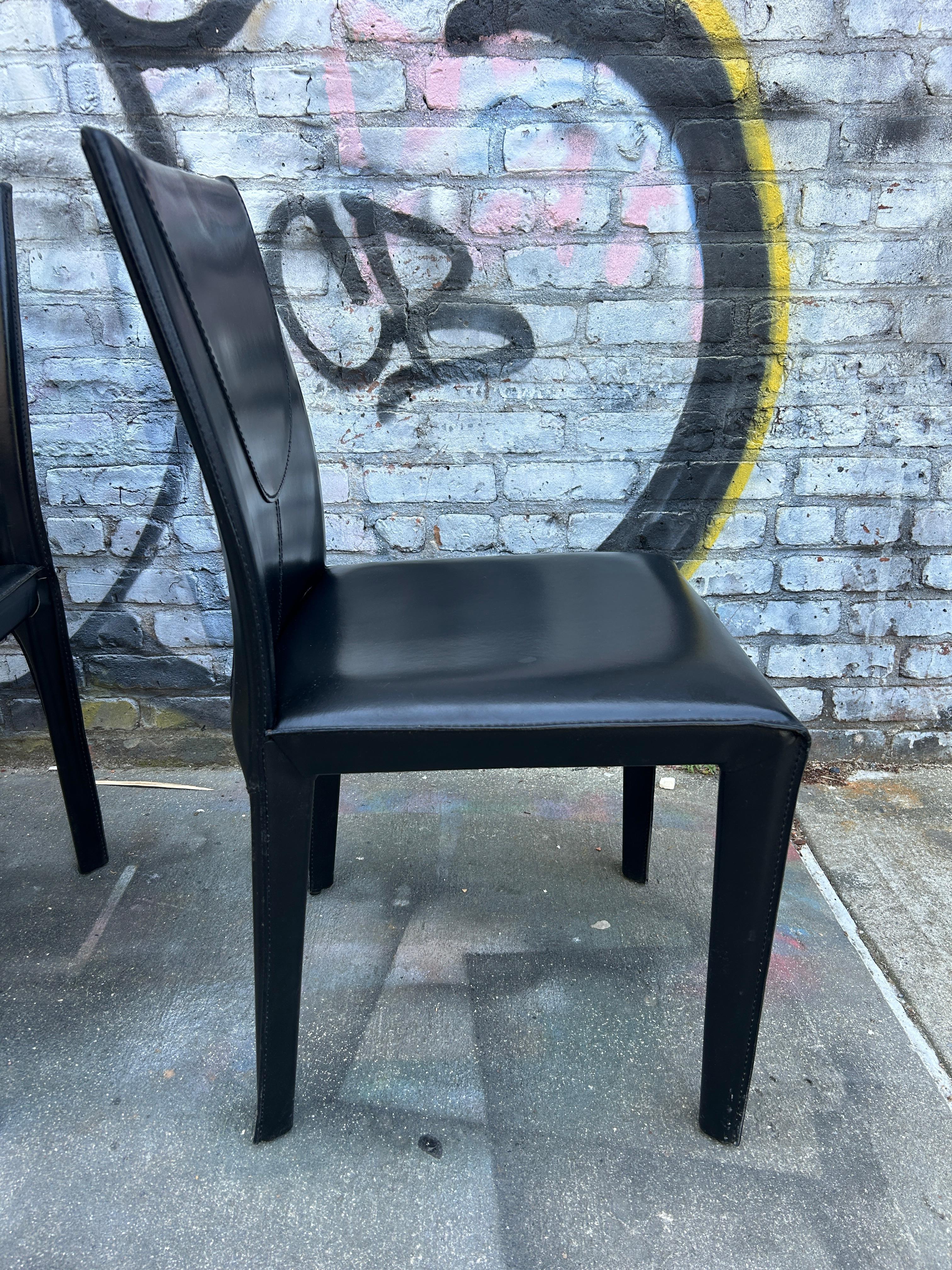 Set of 4 Black Leather Covered Dining Chairs by Arper Made in Italy In Good Condition In BROOKLYN, NY