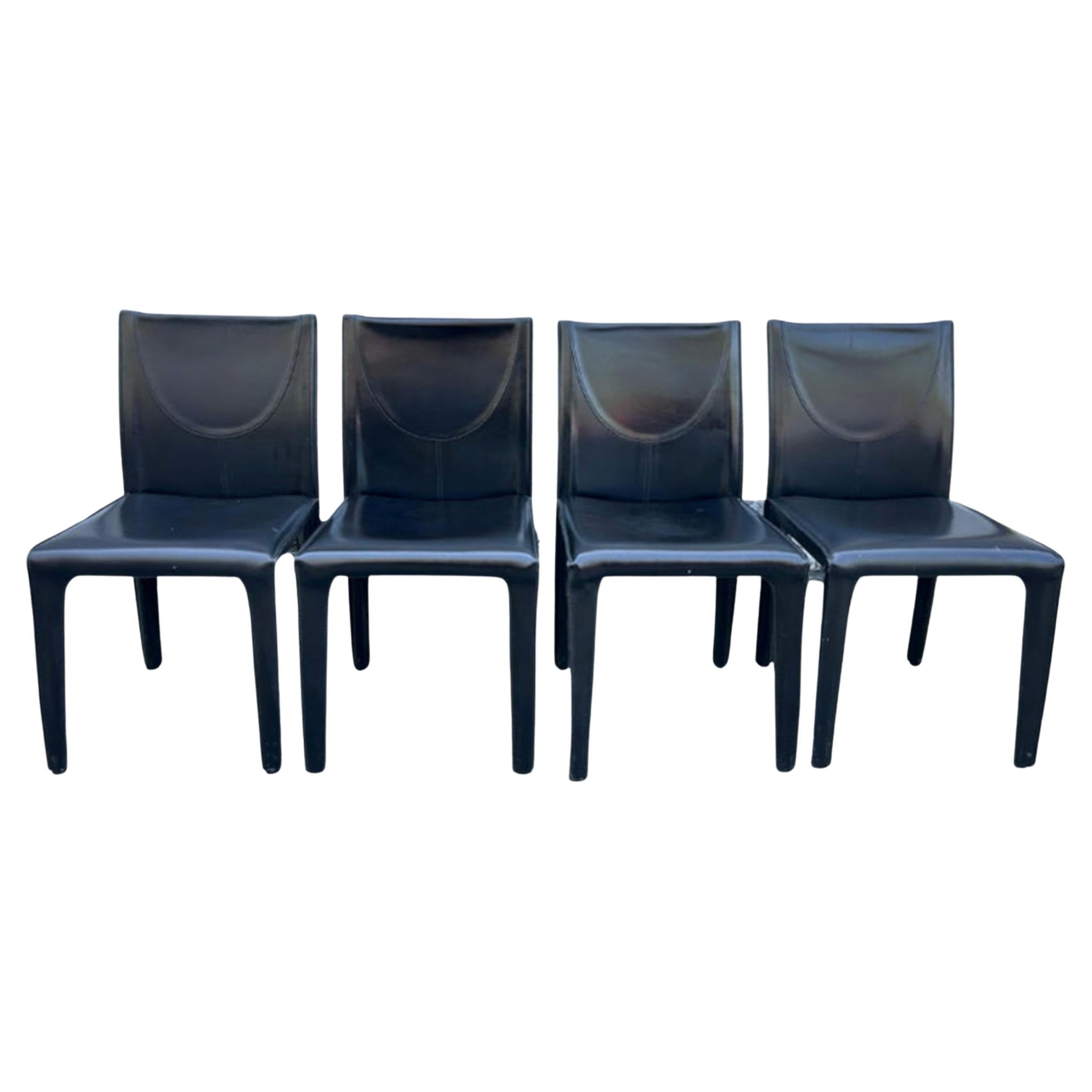 Set of 4 Black Leather Covered Dining Chairs by Arper Made in Italy For Sale