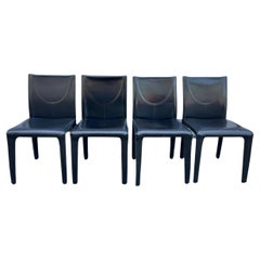 Set of 4 Black Leather Covered Dining Chairs by Arper Made in Italy