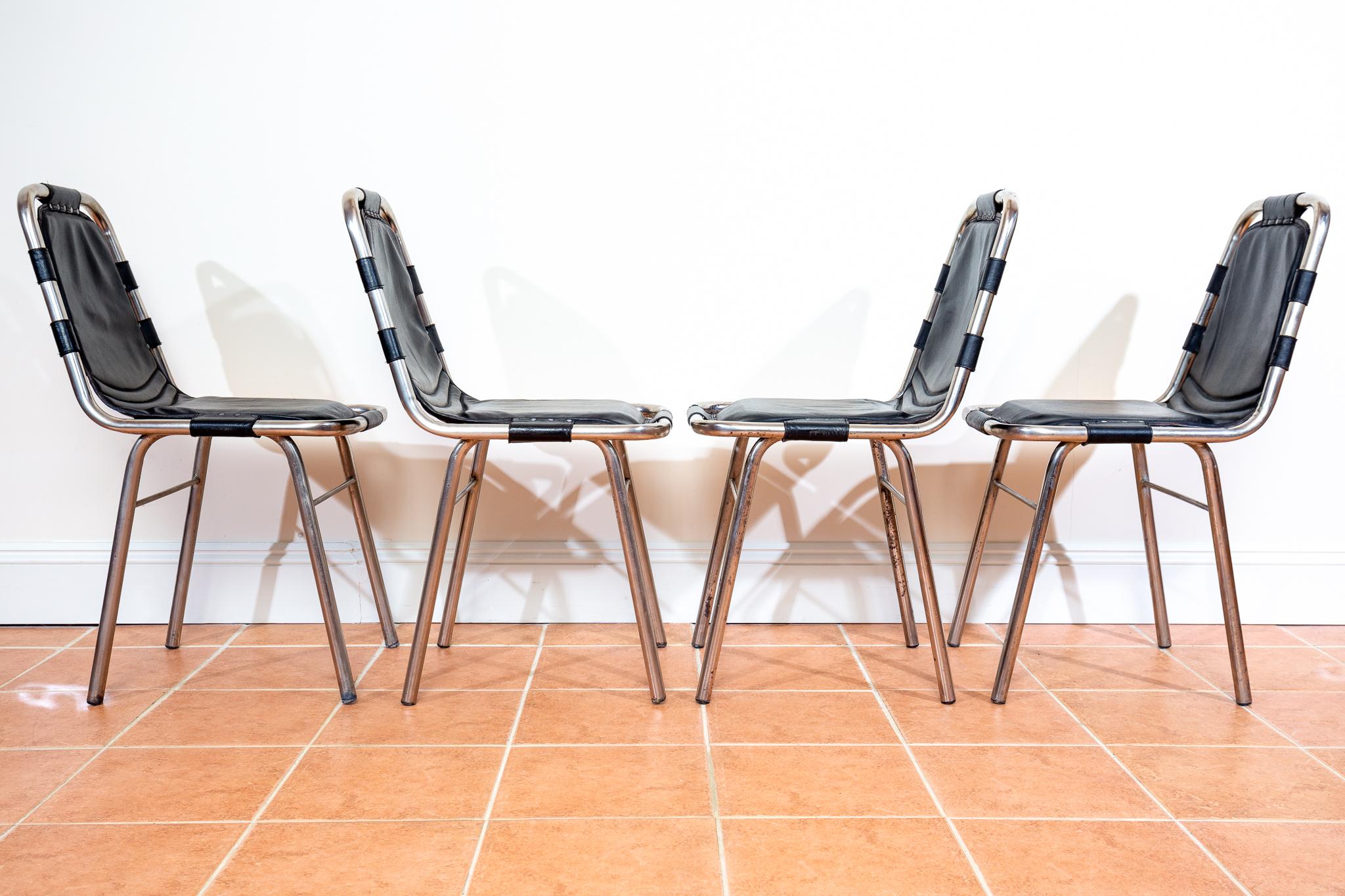 Set of 4 Black Leather Dining Chairs MCM Charlotte Perriand Les Arcs Aluminium 4