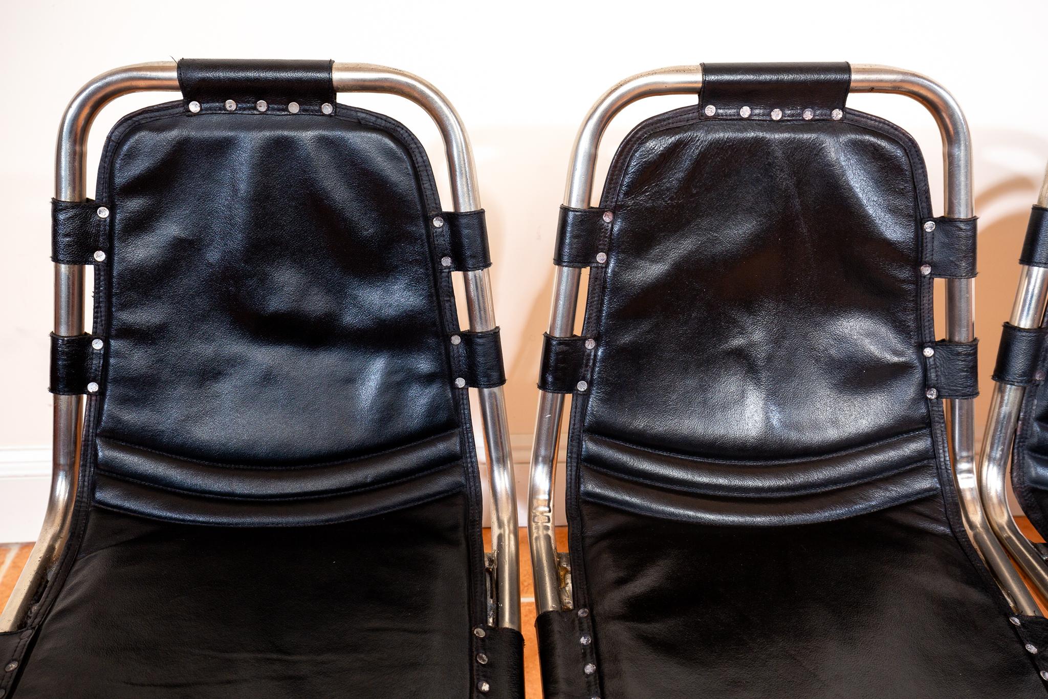 Set of 4 Black Leather Dining Chairs MCM Charlotte Perriand Les Arcs Aluminium 5