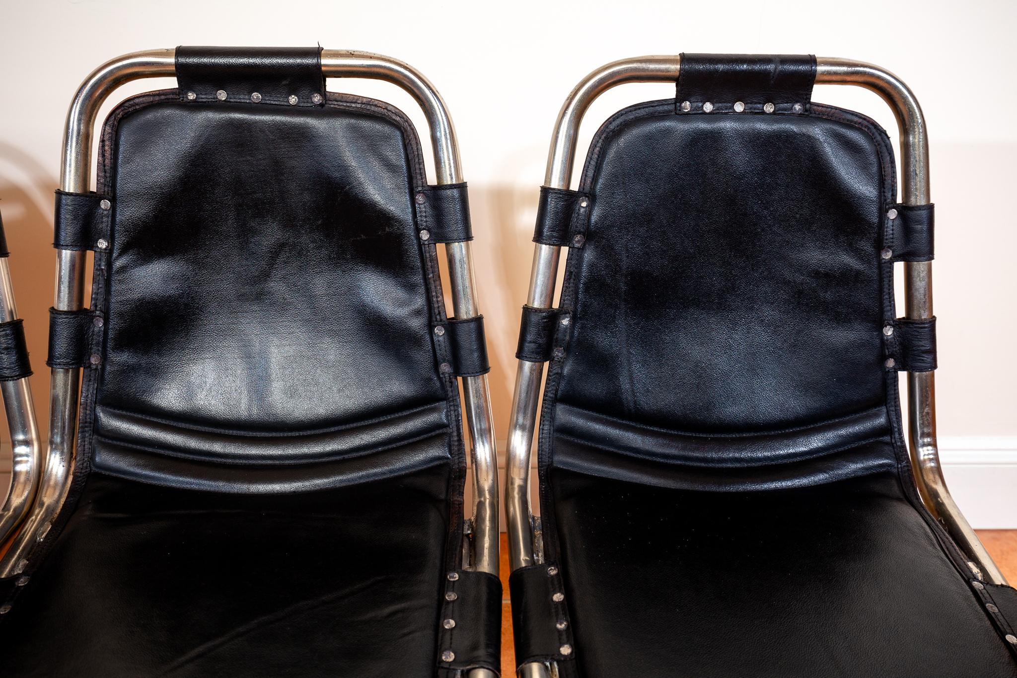 Set of 4 Black Leather Dining Chairs MCM Charlotte Perriand Les Arcs Aluminium 6