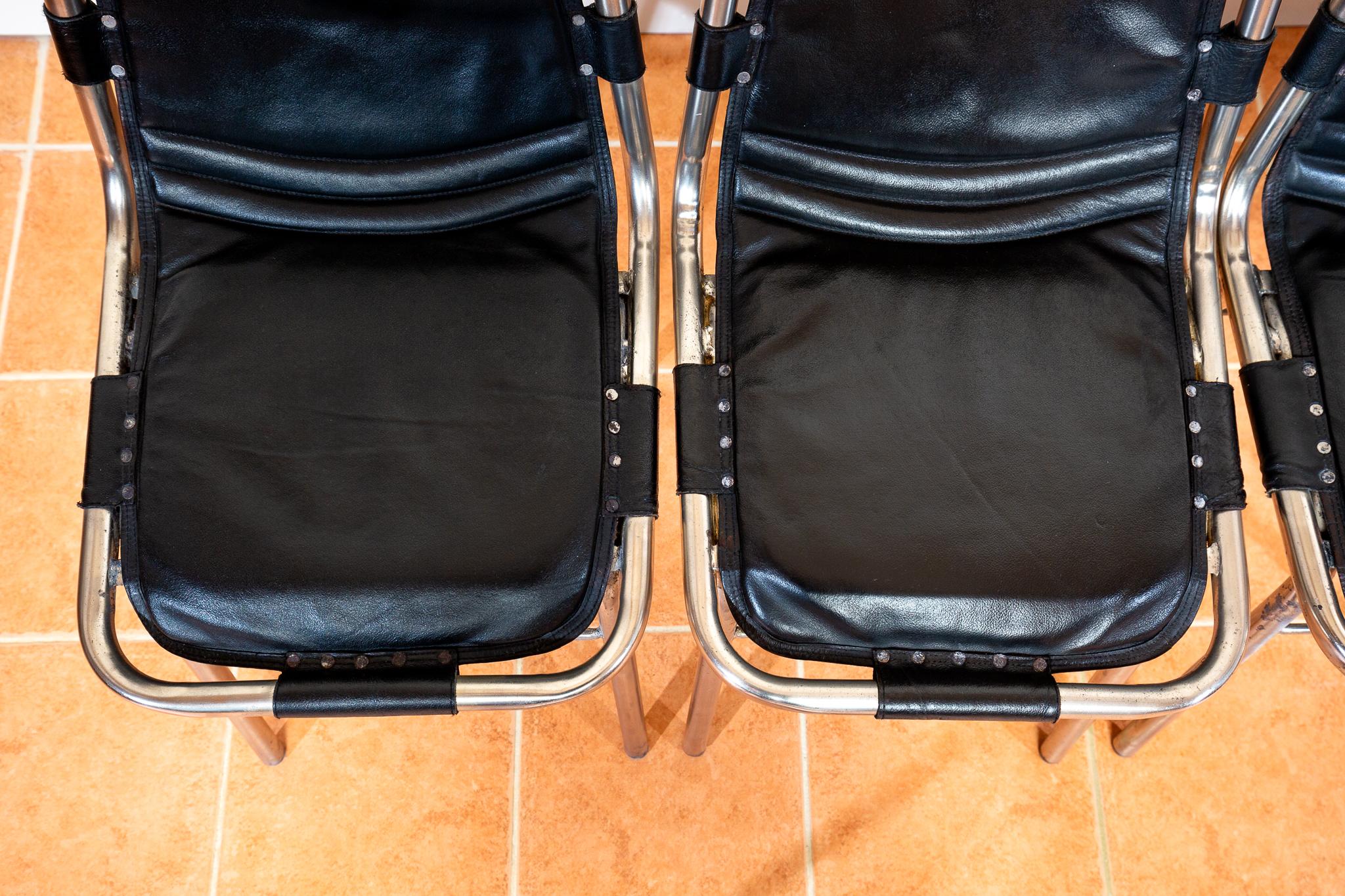 Set of 4 Black Leather Dining Chairs MCM Charlotte Perriand Les Arcs Aluminium 7