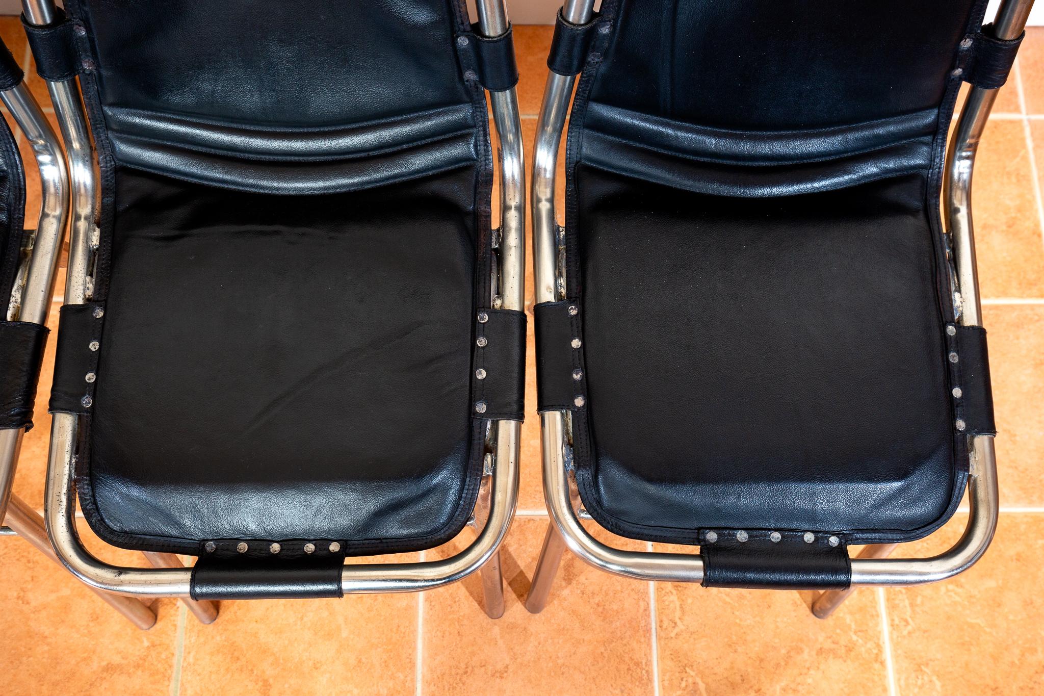 Set of 4 Black Leather Dining Chairs MCM Charlotte Perriand Les Arcs Aluminium 8