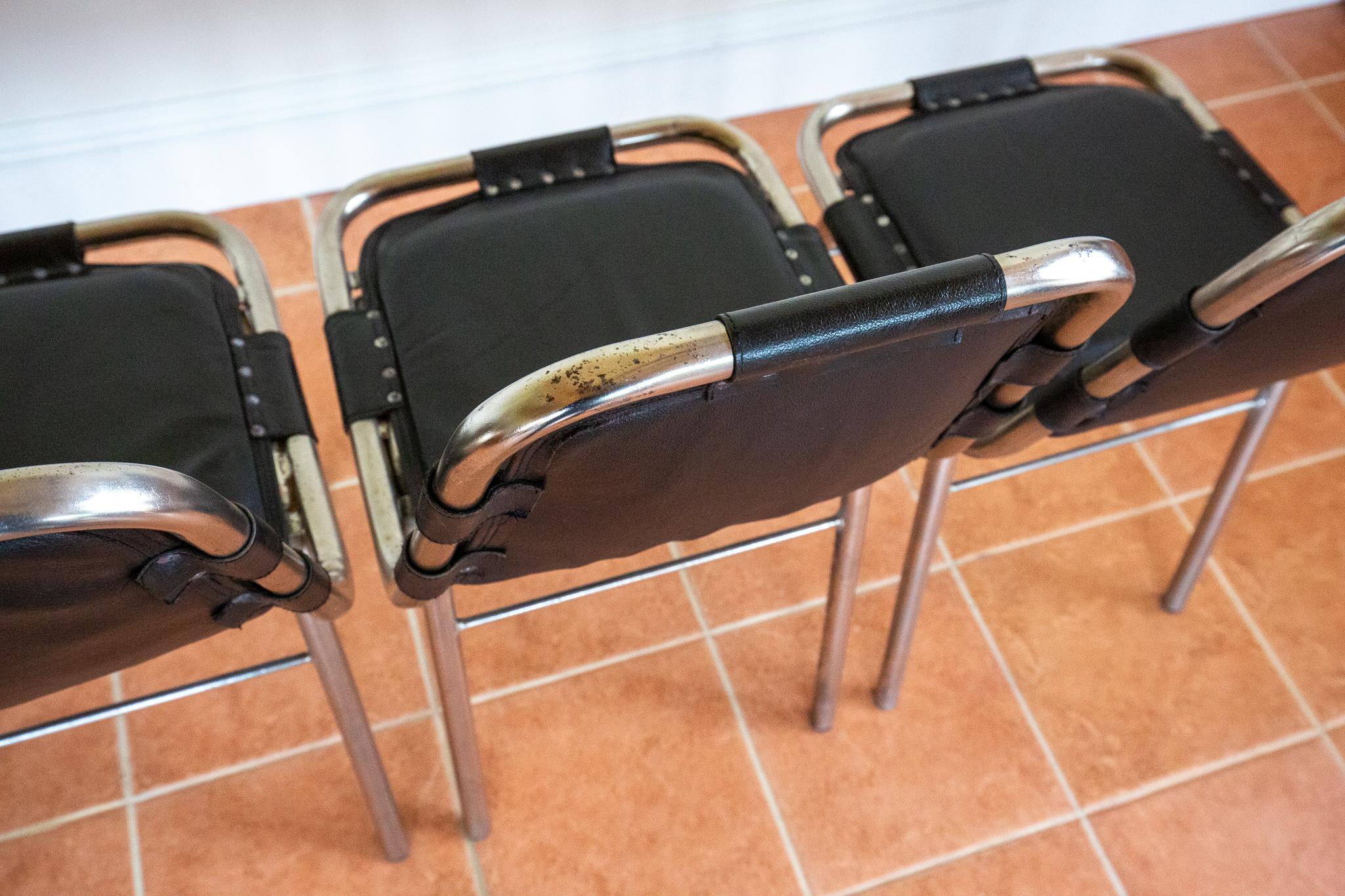 Set of 4 Black Leather Dining Chairs MCM Charlotte Perriand Les Arcs Aluminium 9