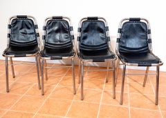 Set of 4 Black Leather Dining Chairs MCM Charlotte Perriand Les Arcs Aluminium