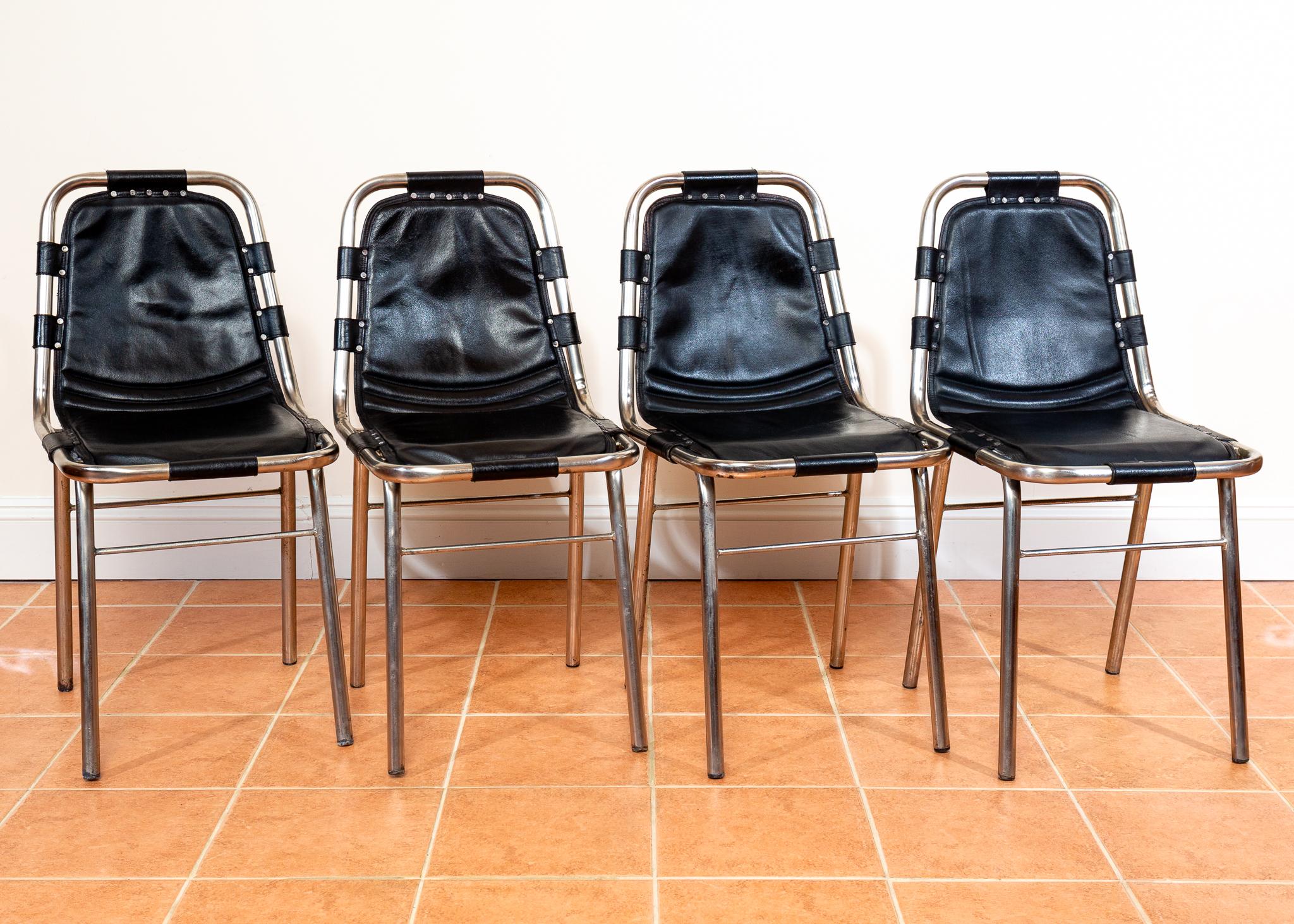 French Set of 4 Black Leather Dining Chairs MCM Charlotte Perriand Les Arcs Aluminium