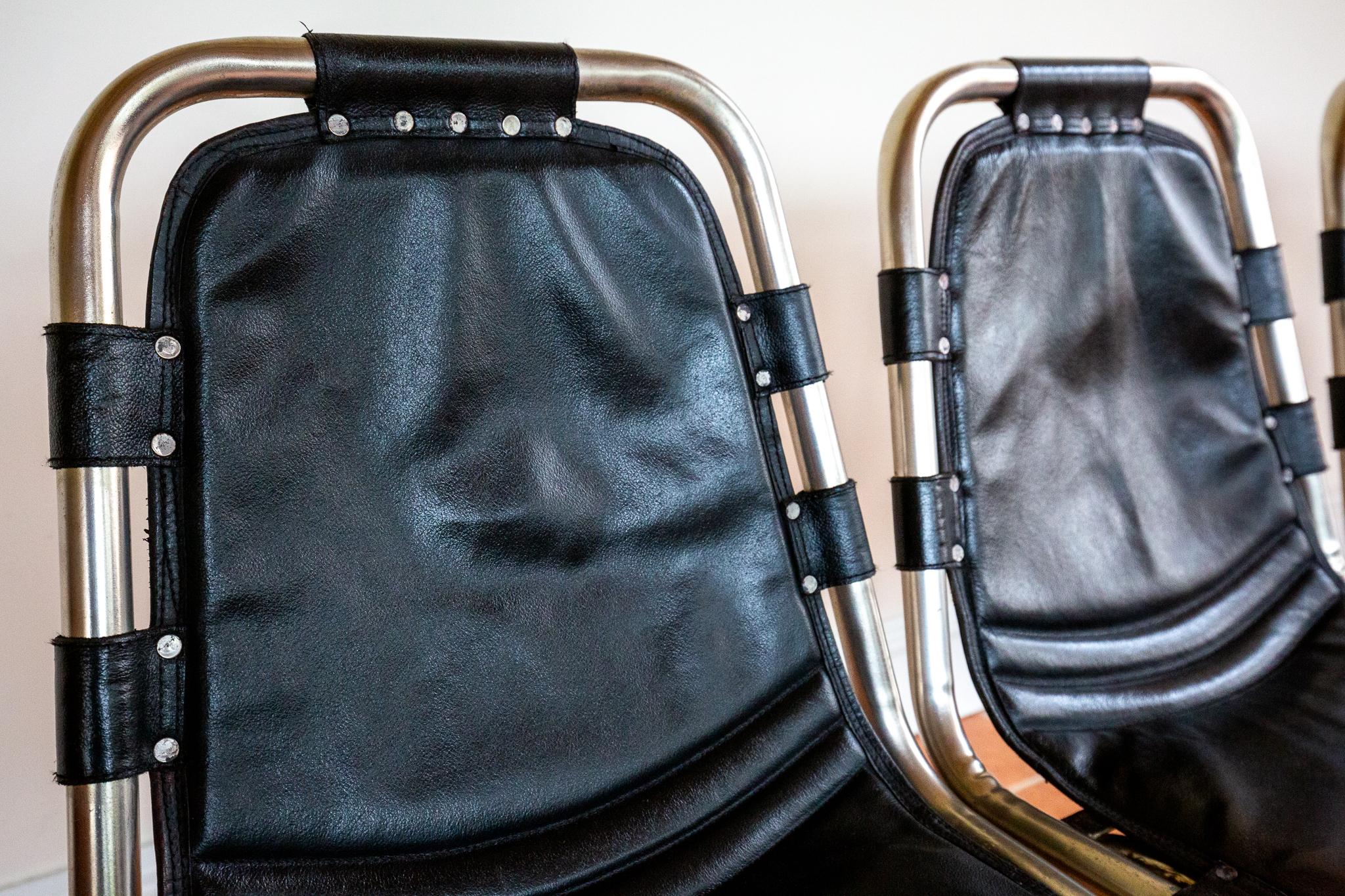 Set of 4 Black Leather Dining Chairs MCM Charlotte Perriand Les Arcs Aluminium In Good Condition In London, GB