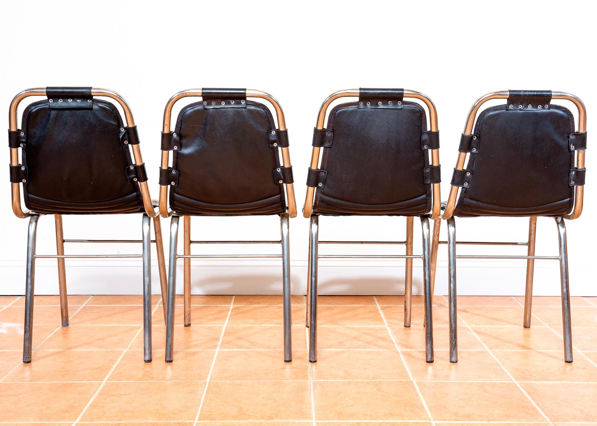 Aluminum Set of 4 Black Leather Dining Chairs MCM Charlotte Perriand Les Arcs Aluminium