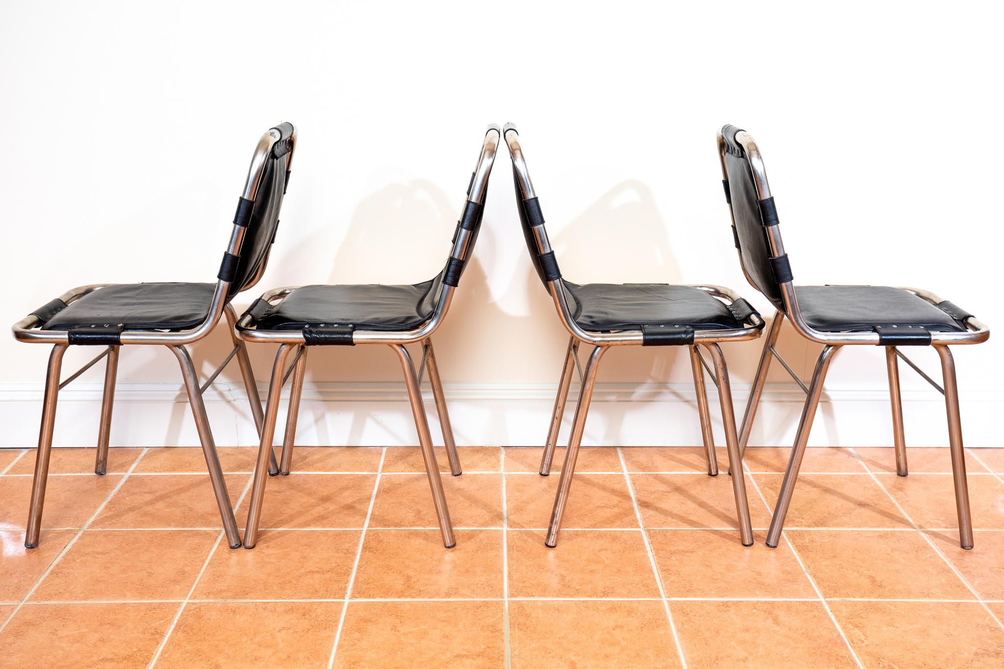 Set of 4 Black Leather Dining Chairs MCM Charlotte Perriand Les Arcs Aluminium 1