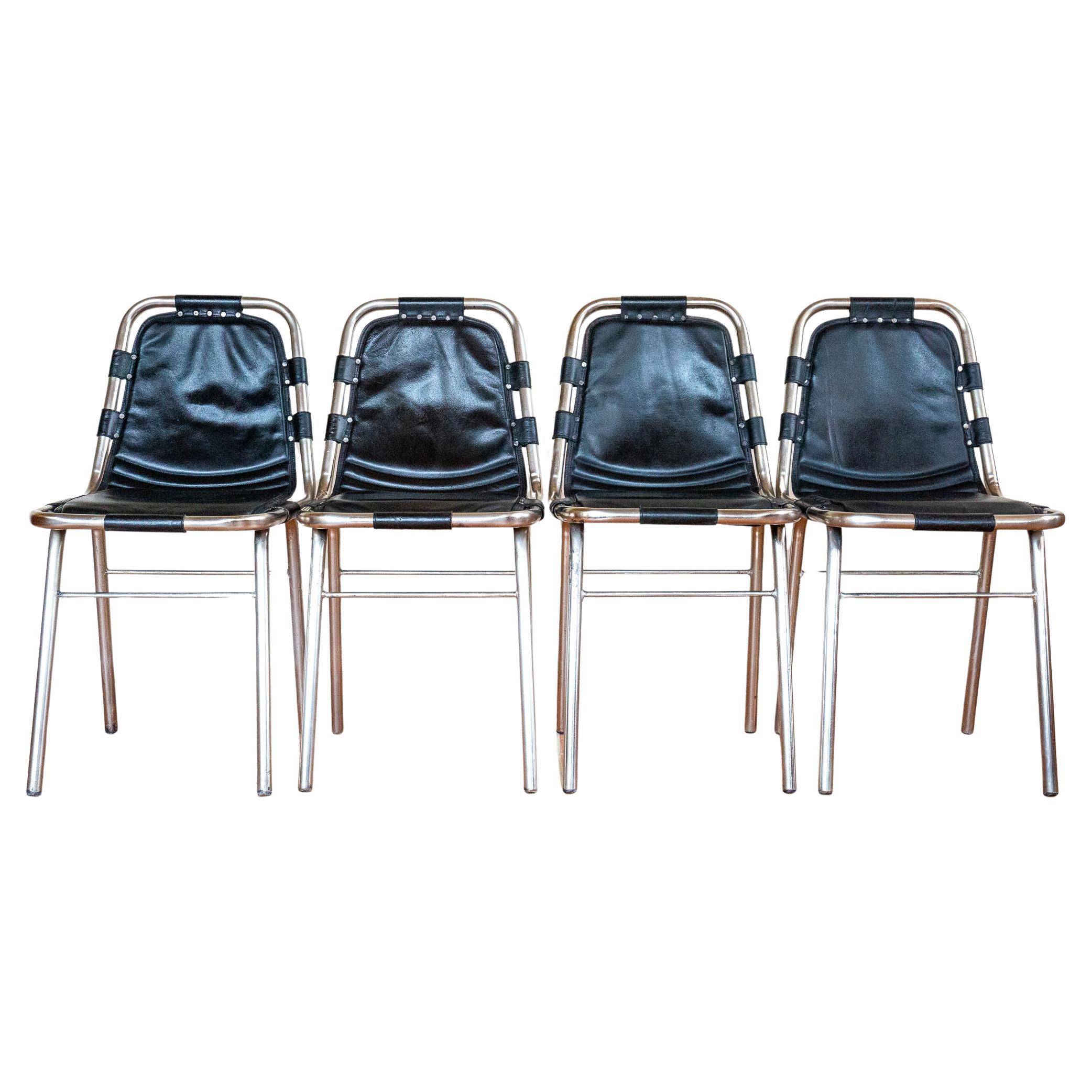 Set of 4 Black Leather Dining Chairs MCM Charlotte Perriand Les Arcs Aluminium