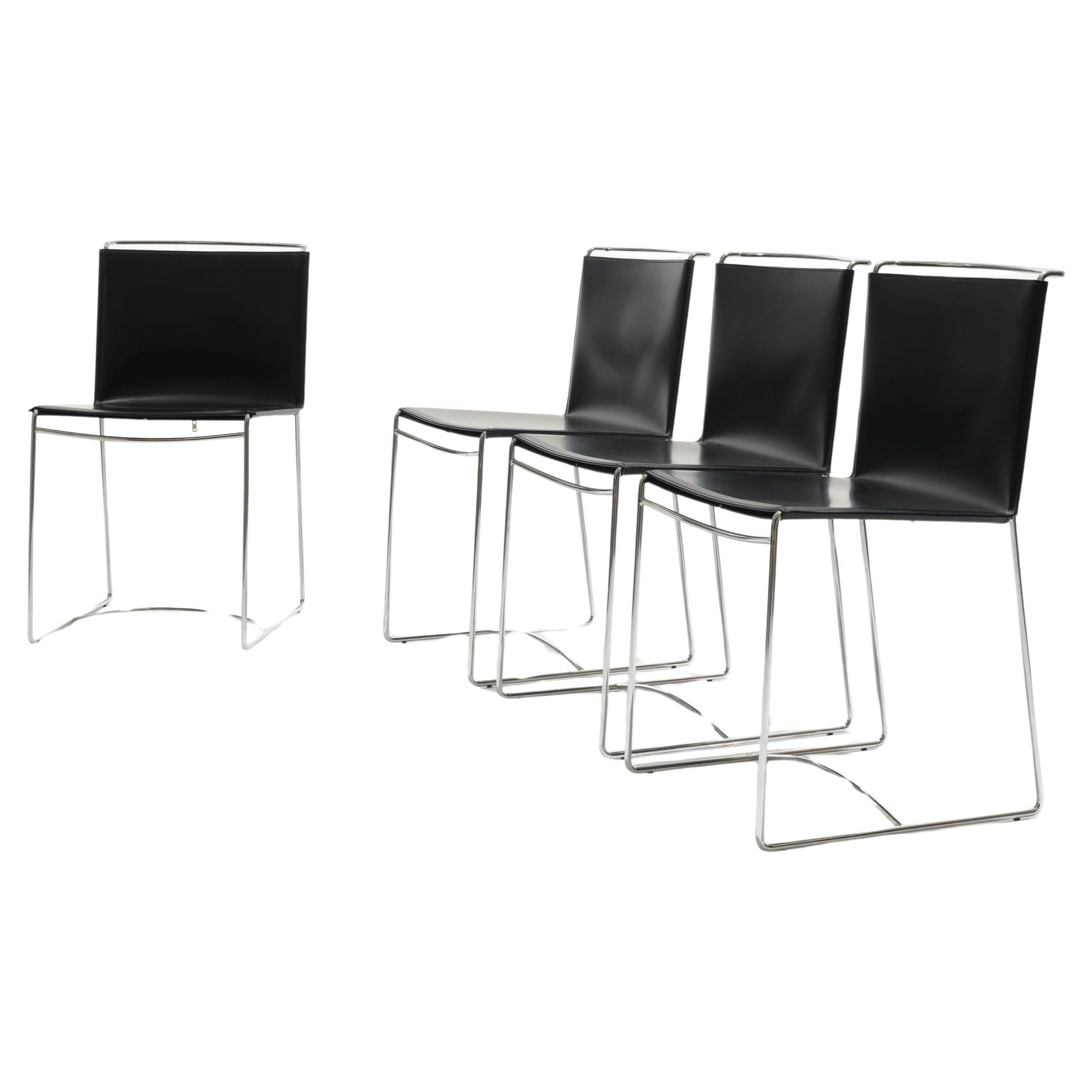 Set of 4 black leather Fil chairs, Pascal Mourgue, 1990s