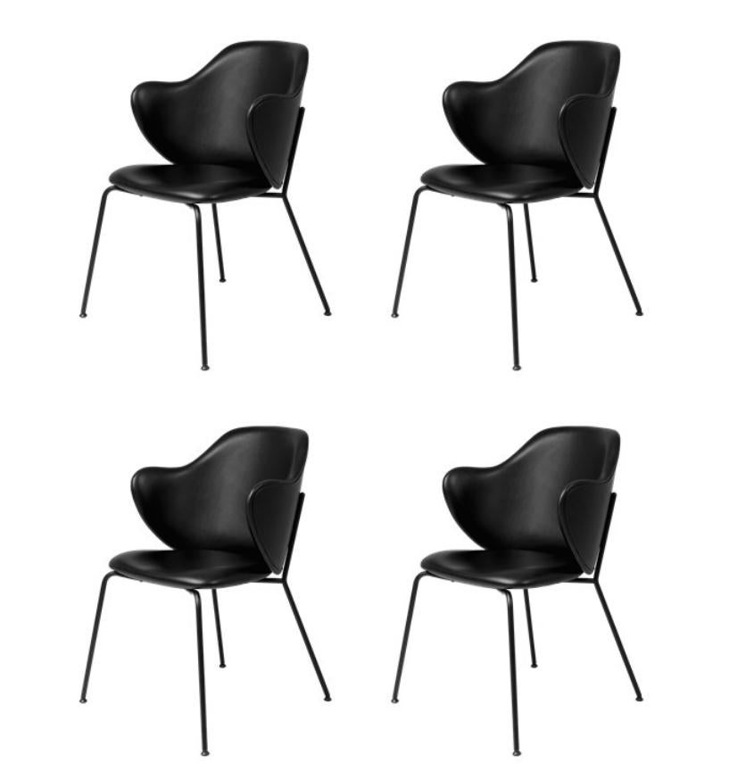 Set of 4 black leather Lassen chairs by Lassen.
Dimensions: W 58 x D 60 x H 88 cm. 
Materials: Leather.

The Lassen chair by Flemming Lassen, Magnus Sangild and Marianne Viktor was launched in 2018 as an ode to Flemming Lassen’s uncompromising