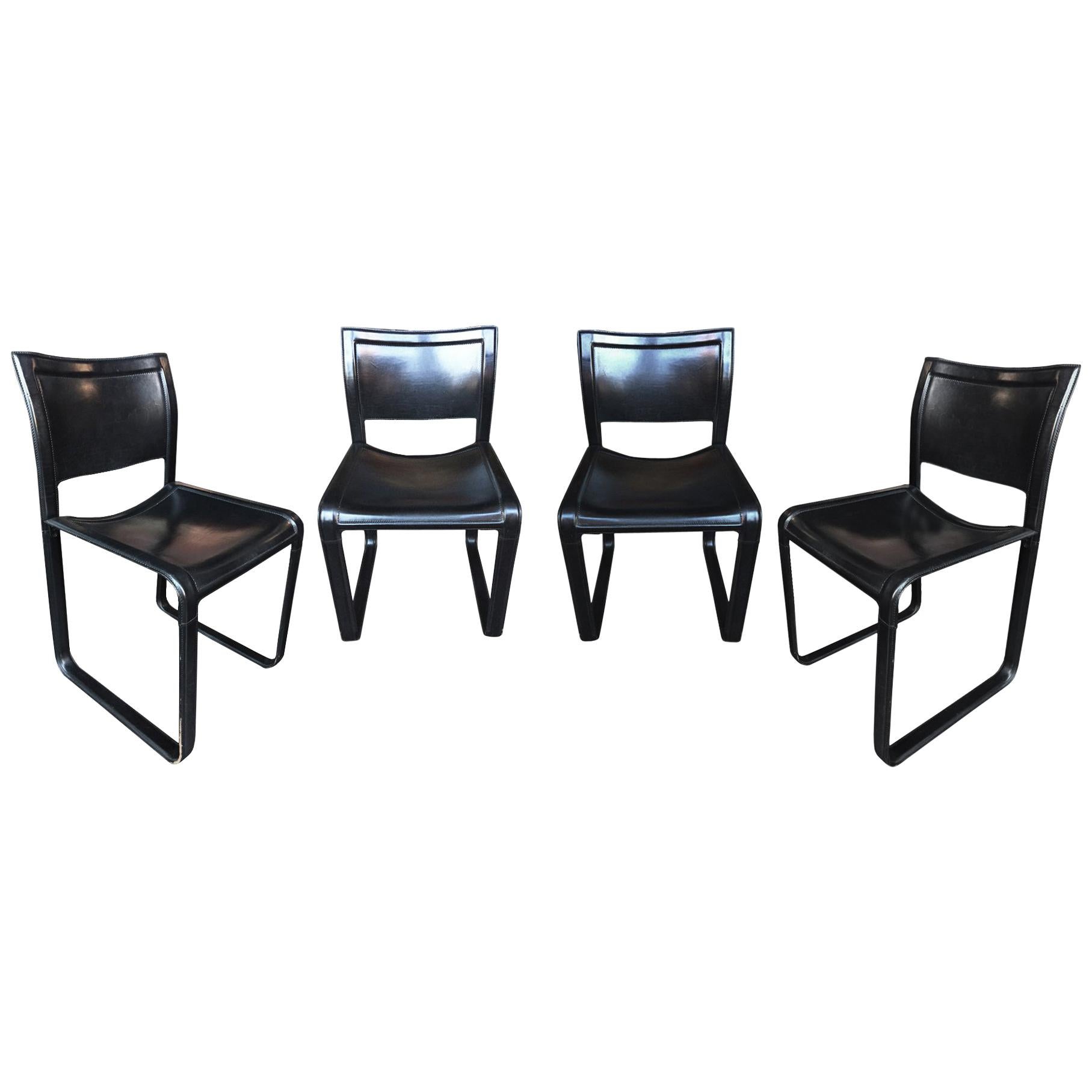 Set of 4 Black Leather "Sistina" Chairs by Tito Agnoli for Matteo Grassi