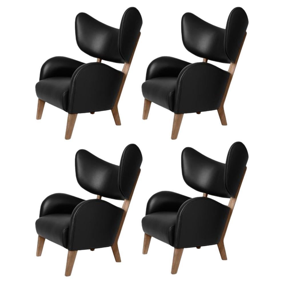 Set of 4 Black Leather Smoked Oak My Own Chair Lounge Chairs by Lassen For Sale