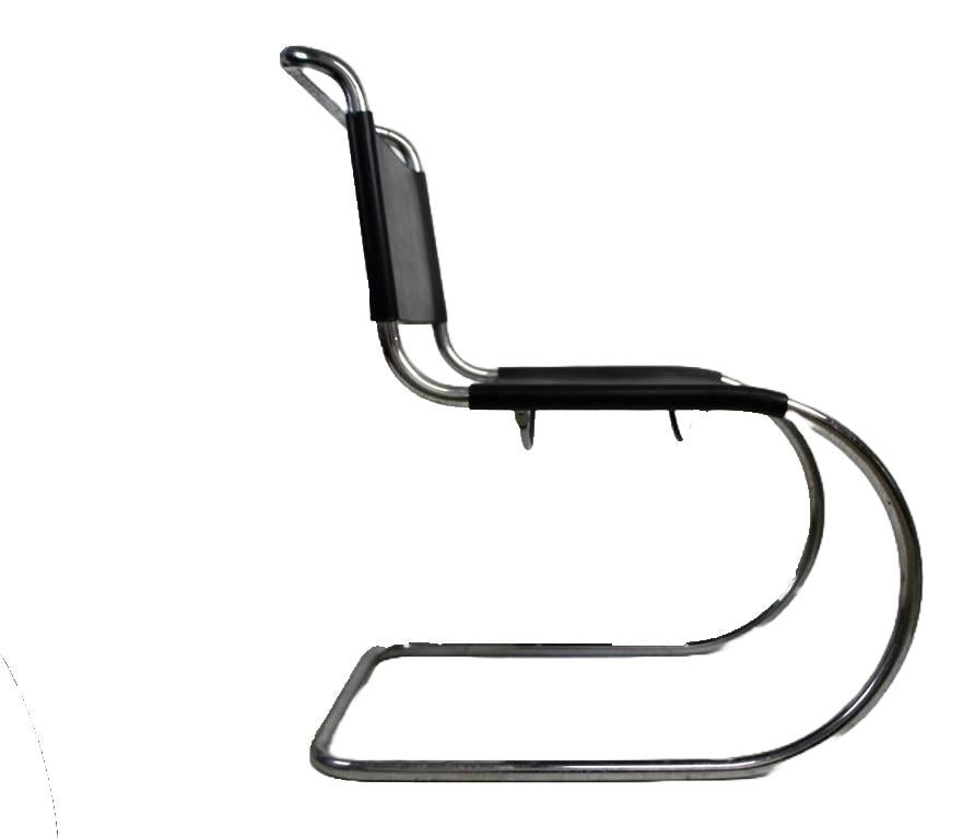 This set of 4 MR10 Mies van der Rohe inspired dining chairs represents a pivotal moment in modern furniture design. The MR10's tubular steel cantilevered structure, which Mies patented in 1927, was inspired by Mart Stam's groundbreaking concept of a