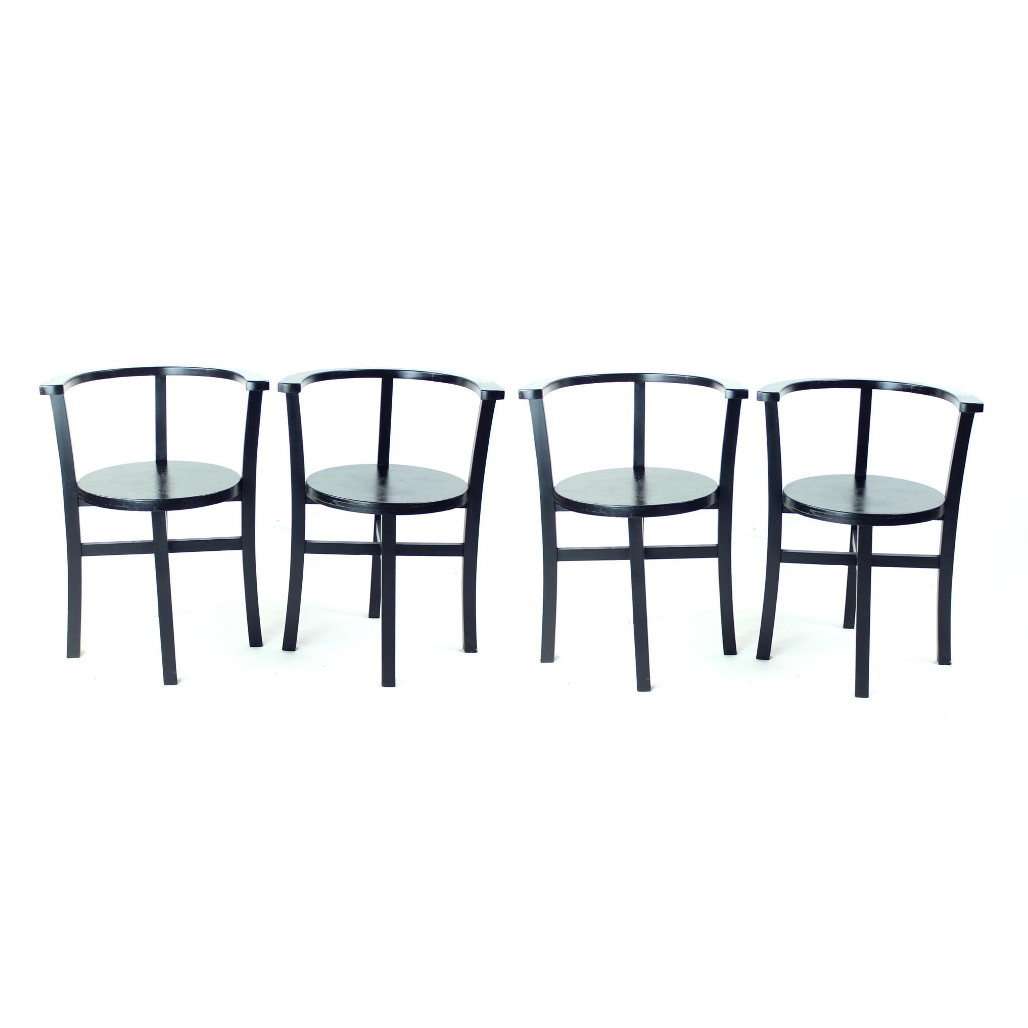 Set Of 4, Black Oak Dining Chairs, Czechoslovakia 1930s For Sale 12