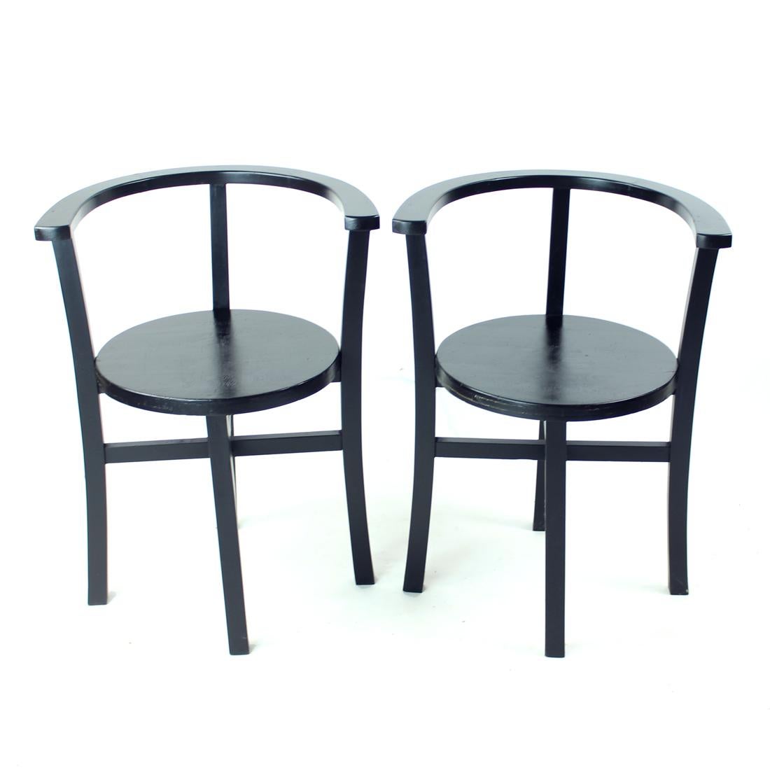 Painted Set Of 4, Black Oak Dining Chairs, Czechoslovakia 1930s For Sale