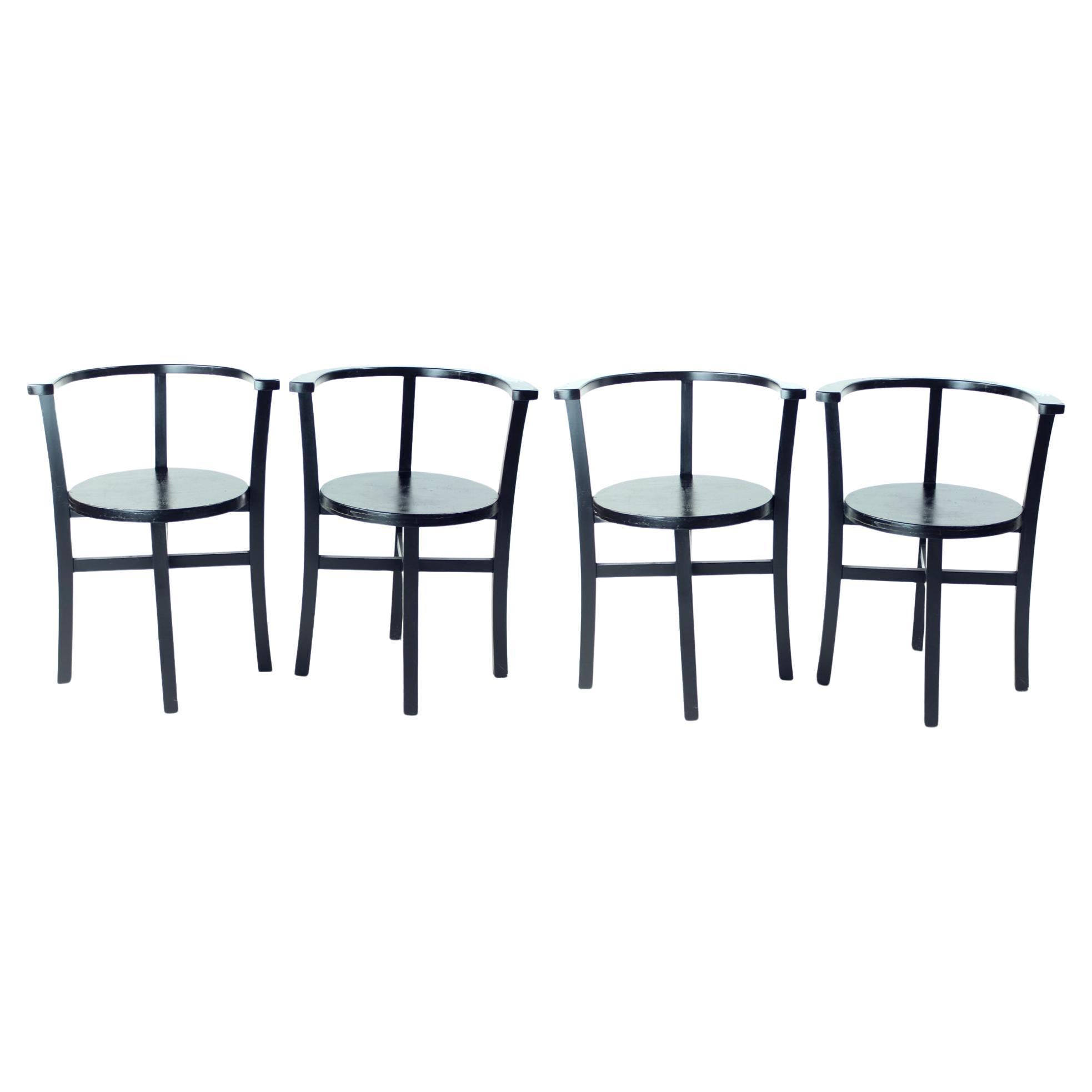 Set Of 4, Black Oak Dining Chairs, Czechoslovakia 1930s