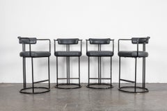 Set of 4 Black Painted Tubular Steel Bar Stools in Original Grey Leather