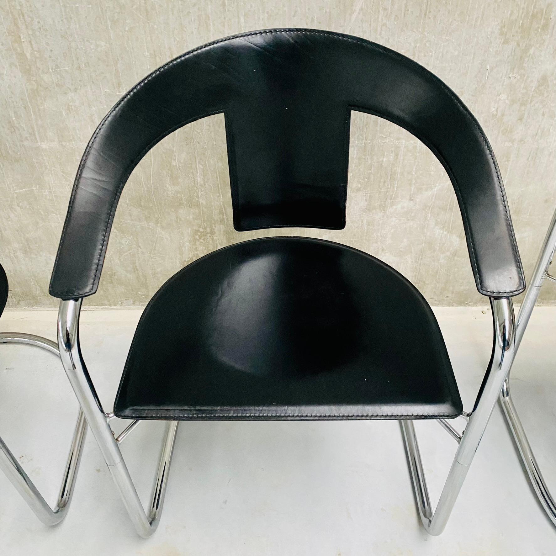 4 x Lo Studio Black Saddle Leather Dining Chairs by A. Rizzatto Italy 1980 4