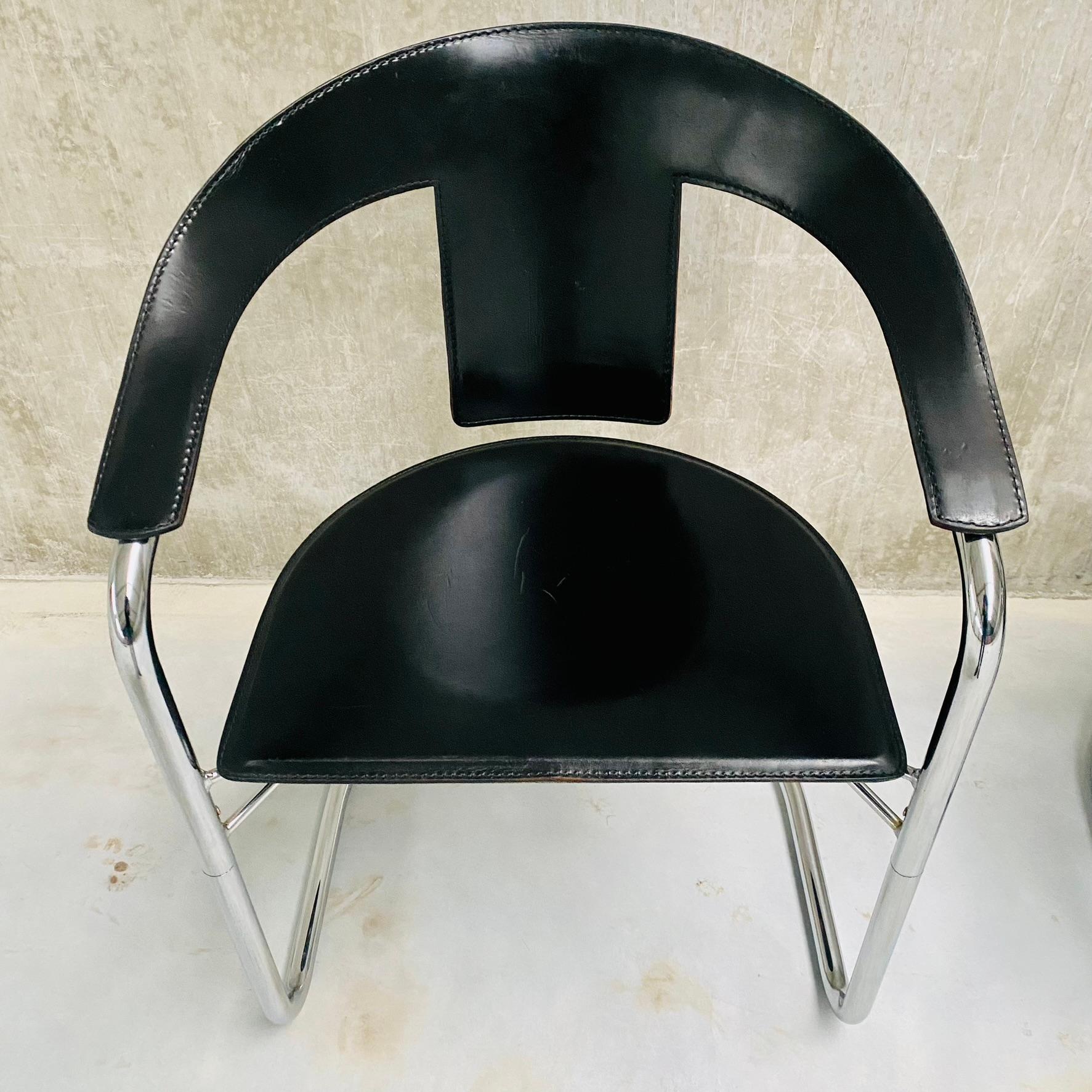 4 x Lo Studio Black Saddle Leather Dining Chairs by A. Rizzatto Italy 1980 5