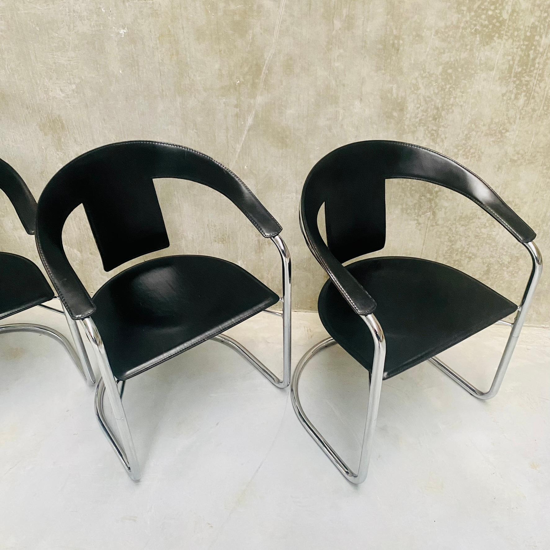 4 x Lo Studio Black Saddle Leather Dining Chairs by A. Rizzatto Italy 1980 6