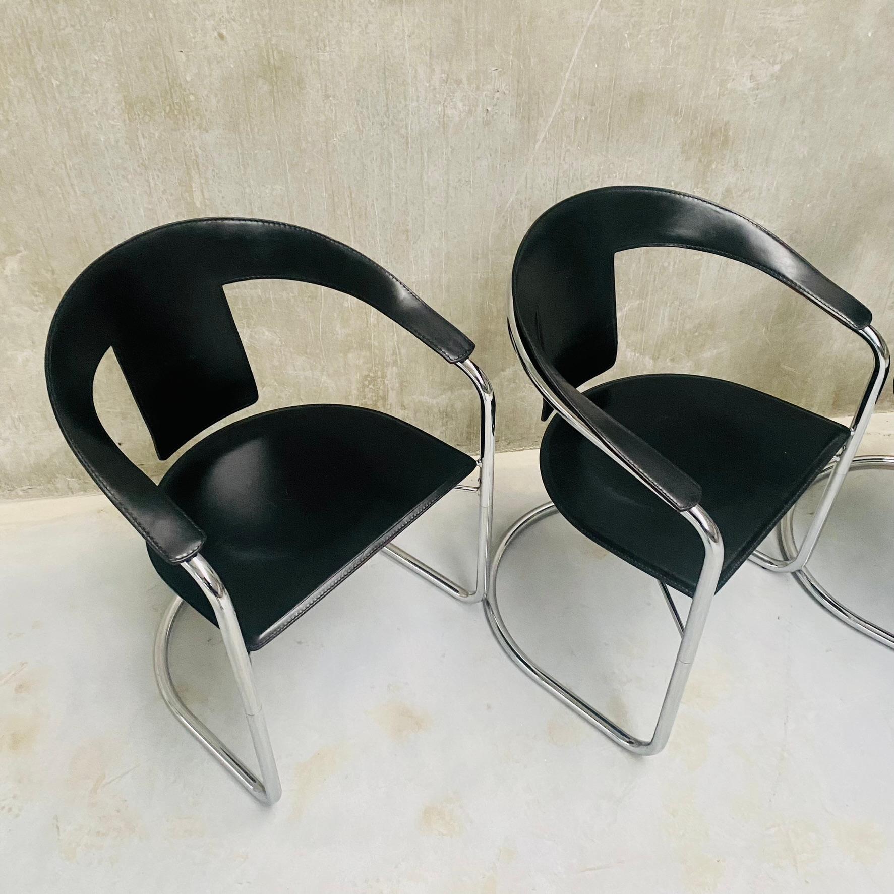4 x Lo Studio Black Saddle Leather Dining Chairs by A. Rizzatto Italy 1980 7