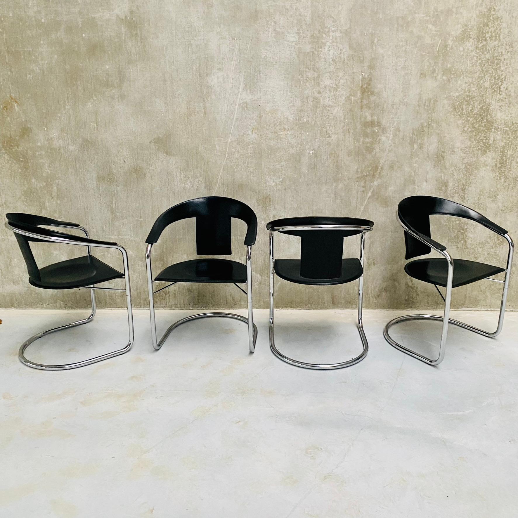Modern 4 x Lo Studio Black Saddle Leather Dining Chairs by A. Rizzatto Italy 1980