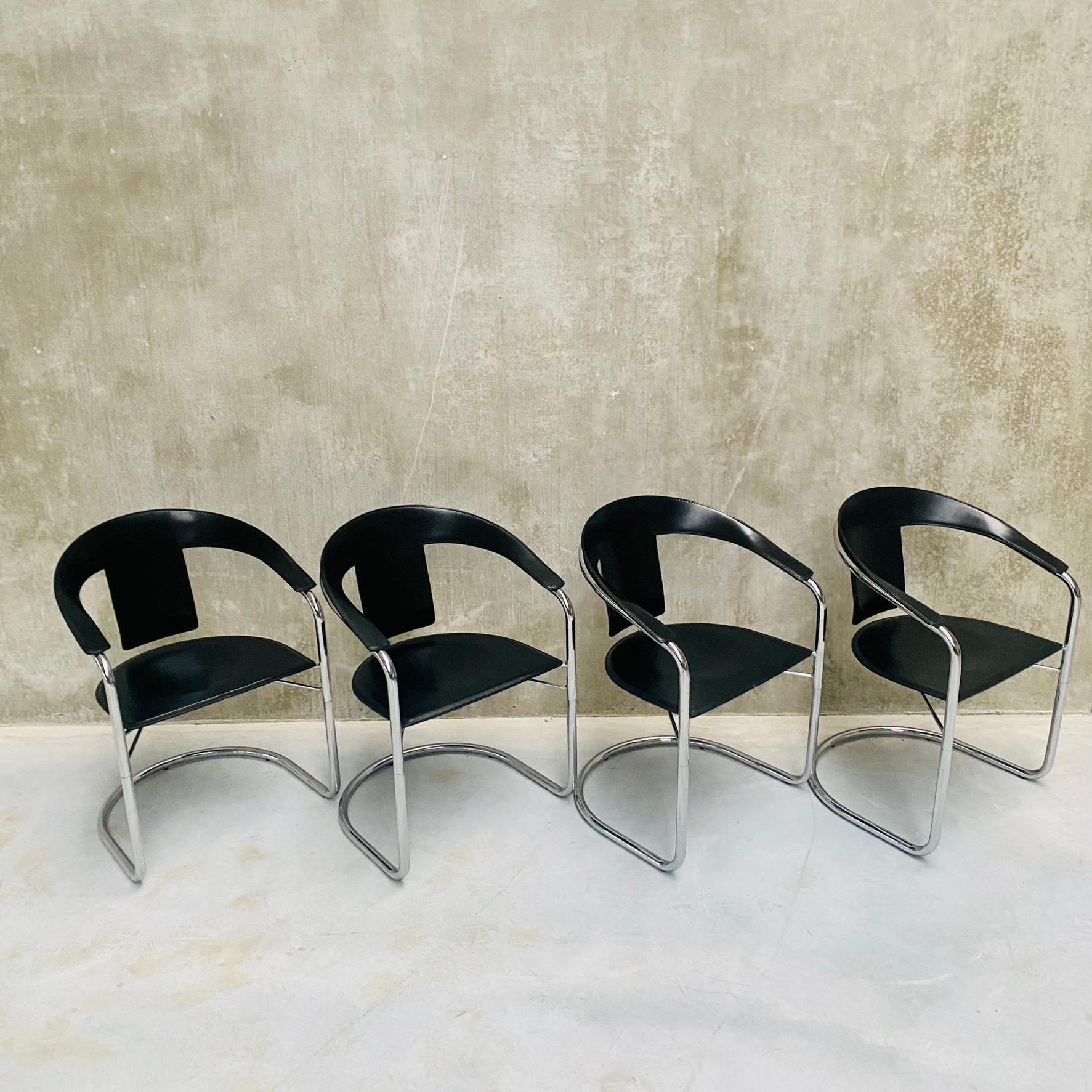 Italian 4 x Lo Studio Black Saddle Leather Dining Chairs by A. Rizzatto Italy 1980