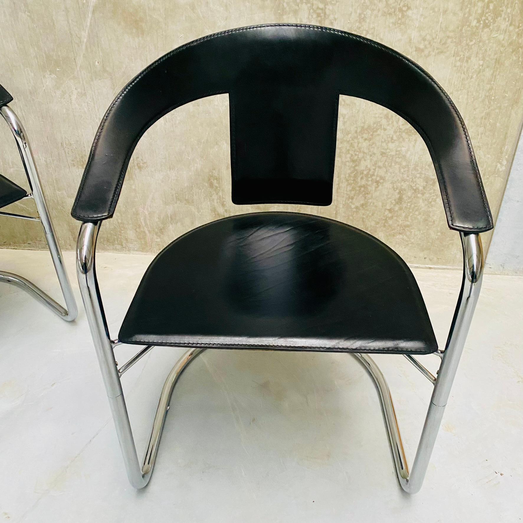 Late 20th Century 4 x Lo Studio Black Saddle Leather Dining Chairs by A. Rizzatto Italy 1980