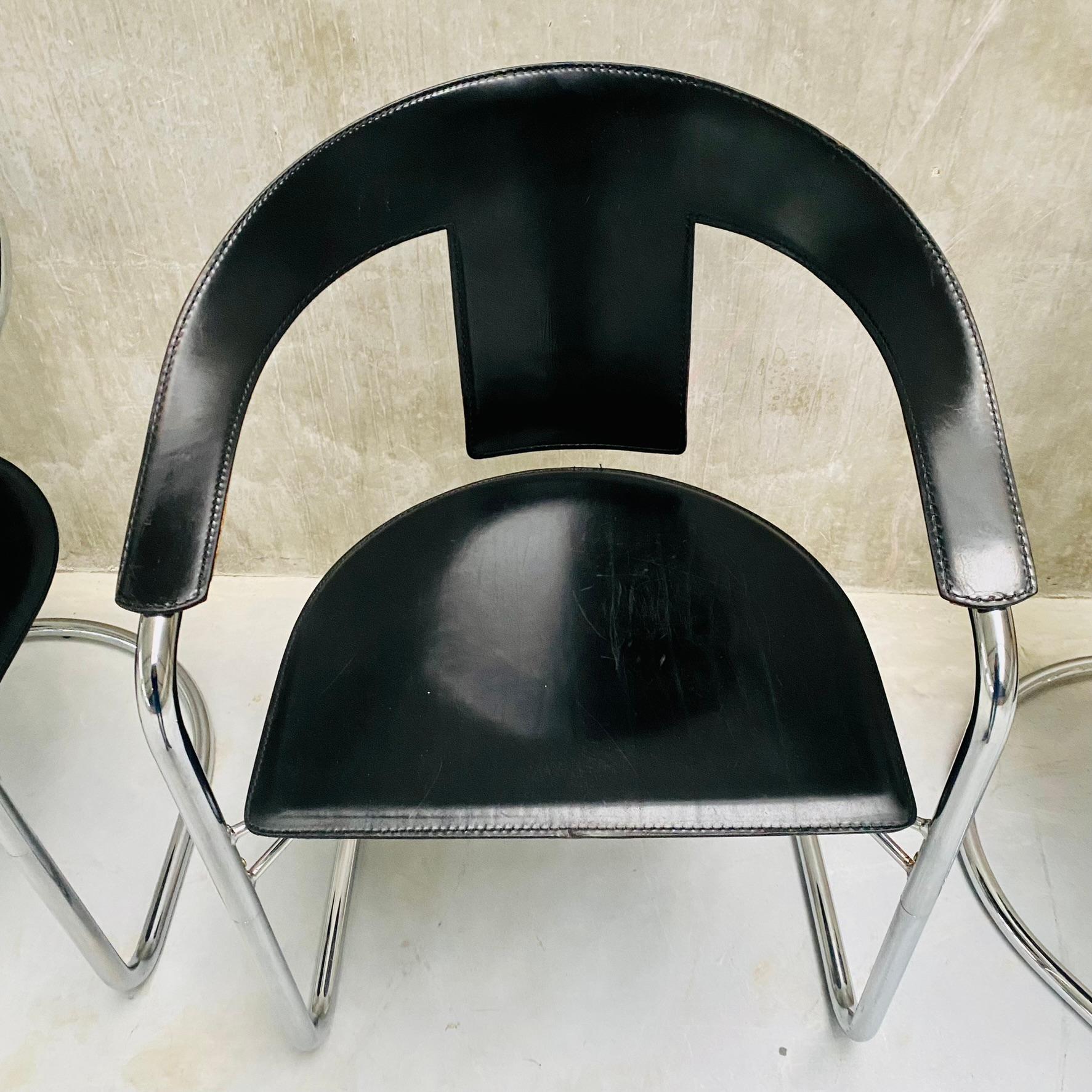 4 x Lo Studio Black Saddle Leather Dining Chairs by A. Rizzatto Italy 1980 3