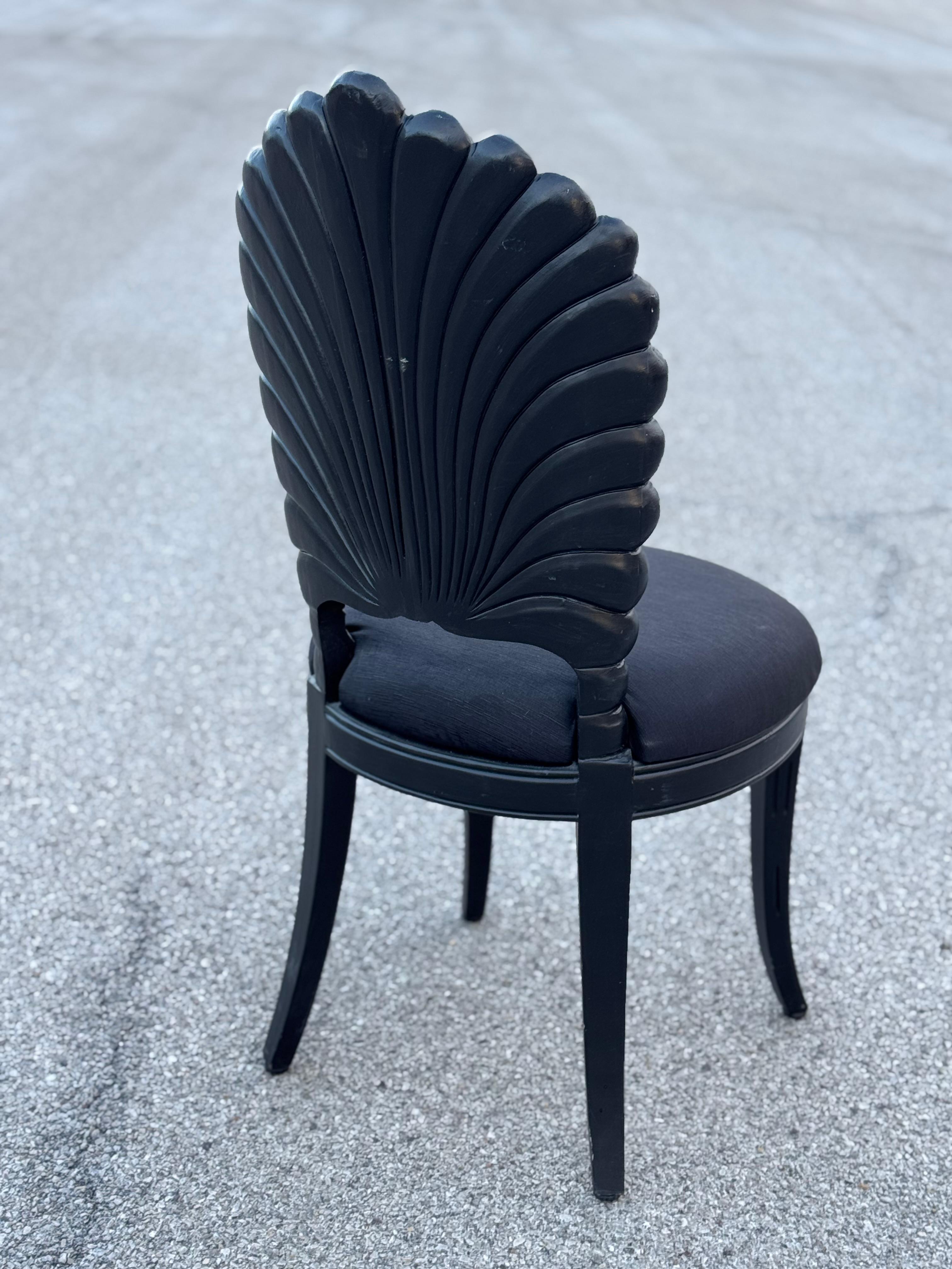 Set of 4 Black Venetian Grotto Style Scalloped Wood Shell Back Dining Chairs 70s 3