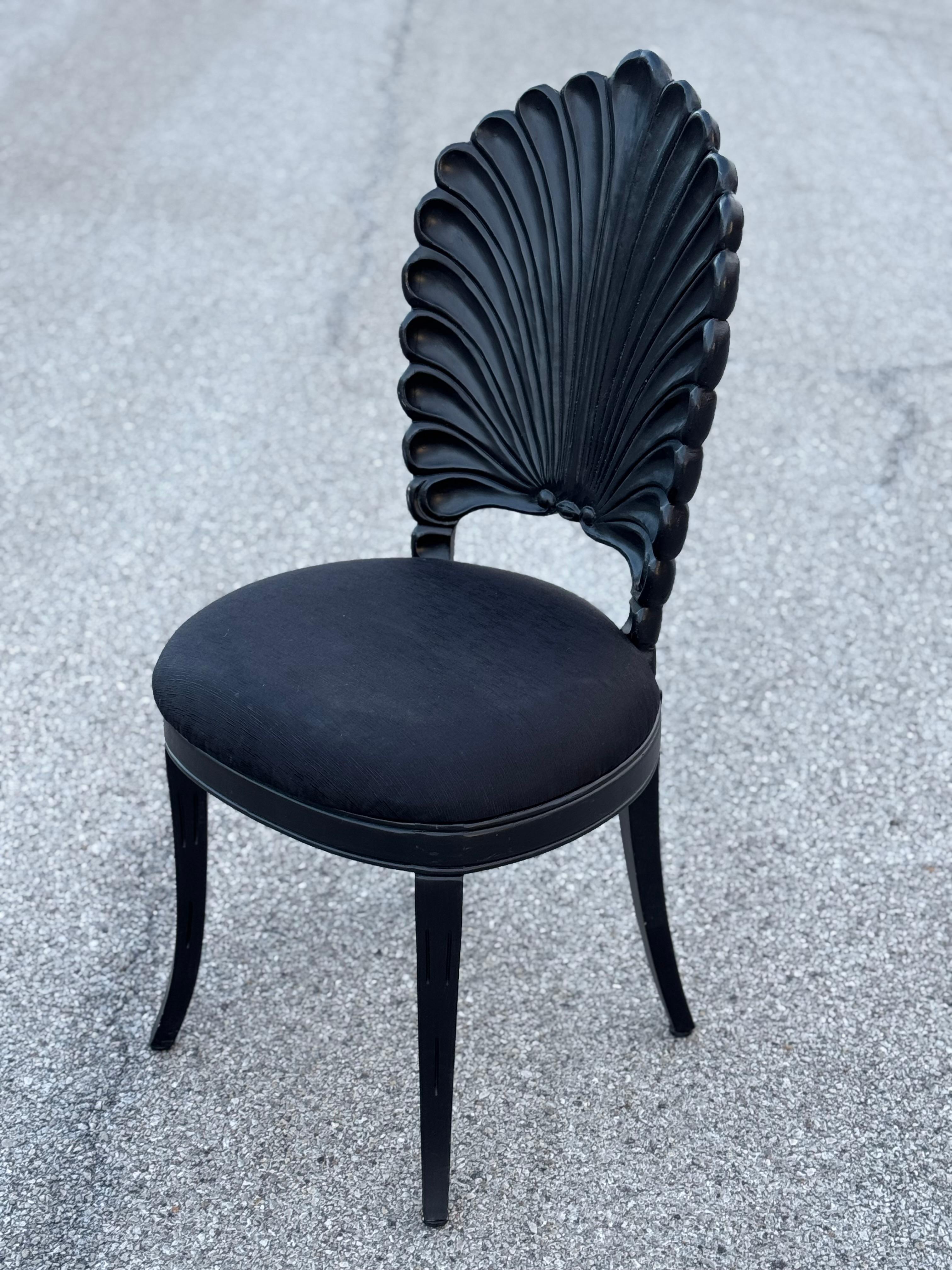 Set of 4 Black Venetian Grotto Style Scalloped Wood Shell Back Dining Chairs 70s 6