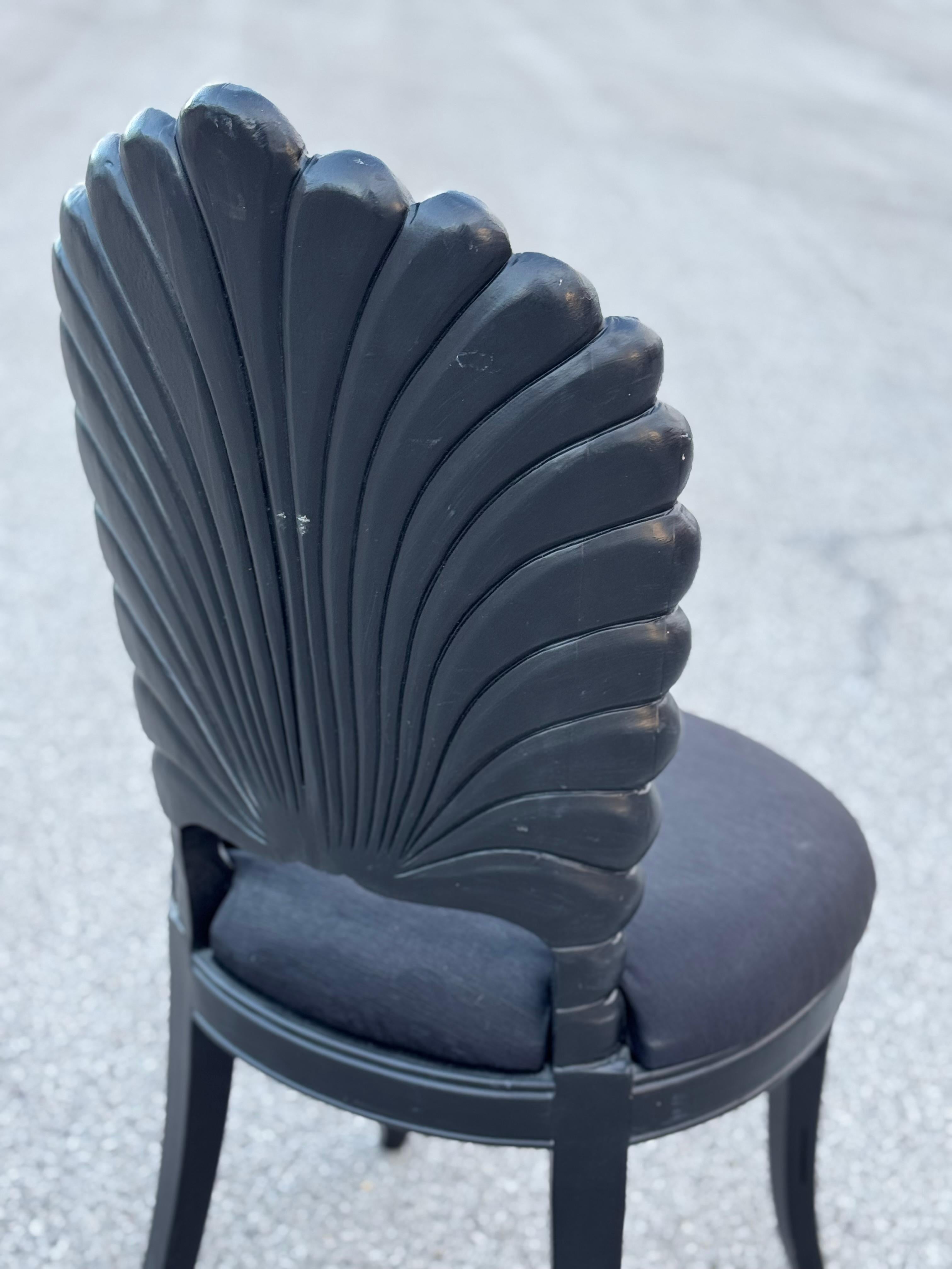 Set of 4 Black Venetian Grotto Style Scalloped Wood Shell Back Dining Chairs 70s 9