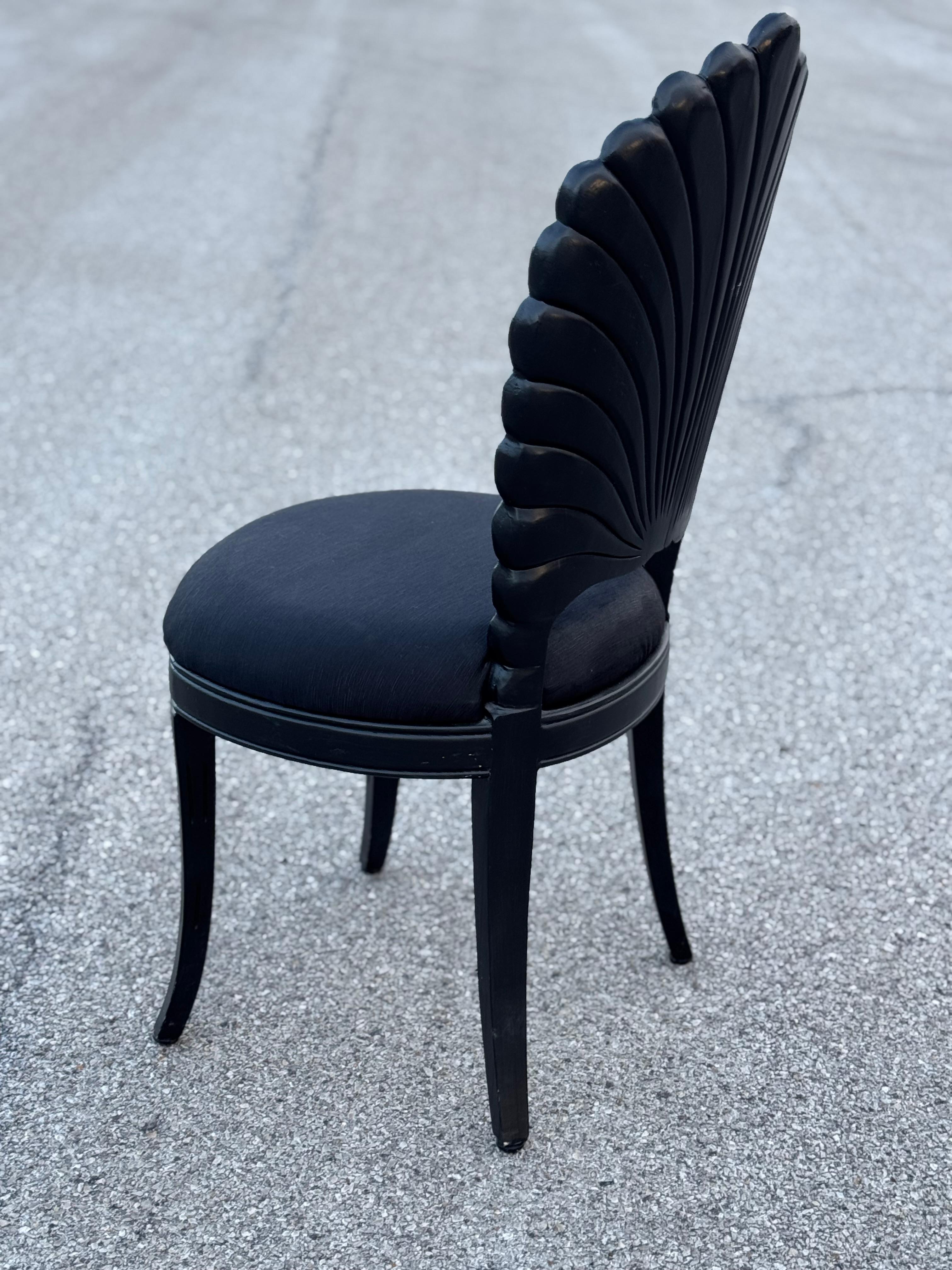 Set of 4 Black Venetian Grotto Style Scalloped Wood Shell Back Dining Chairs 70s 11