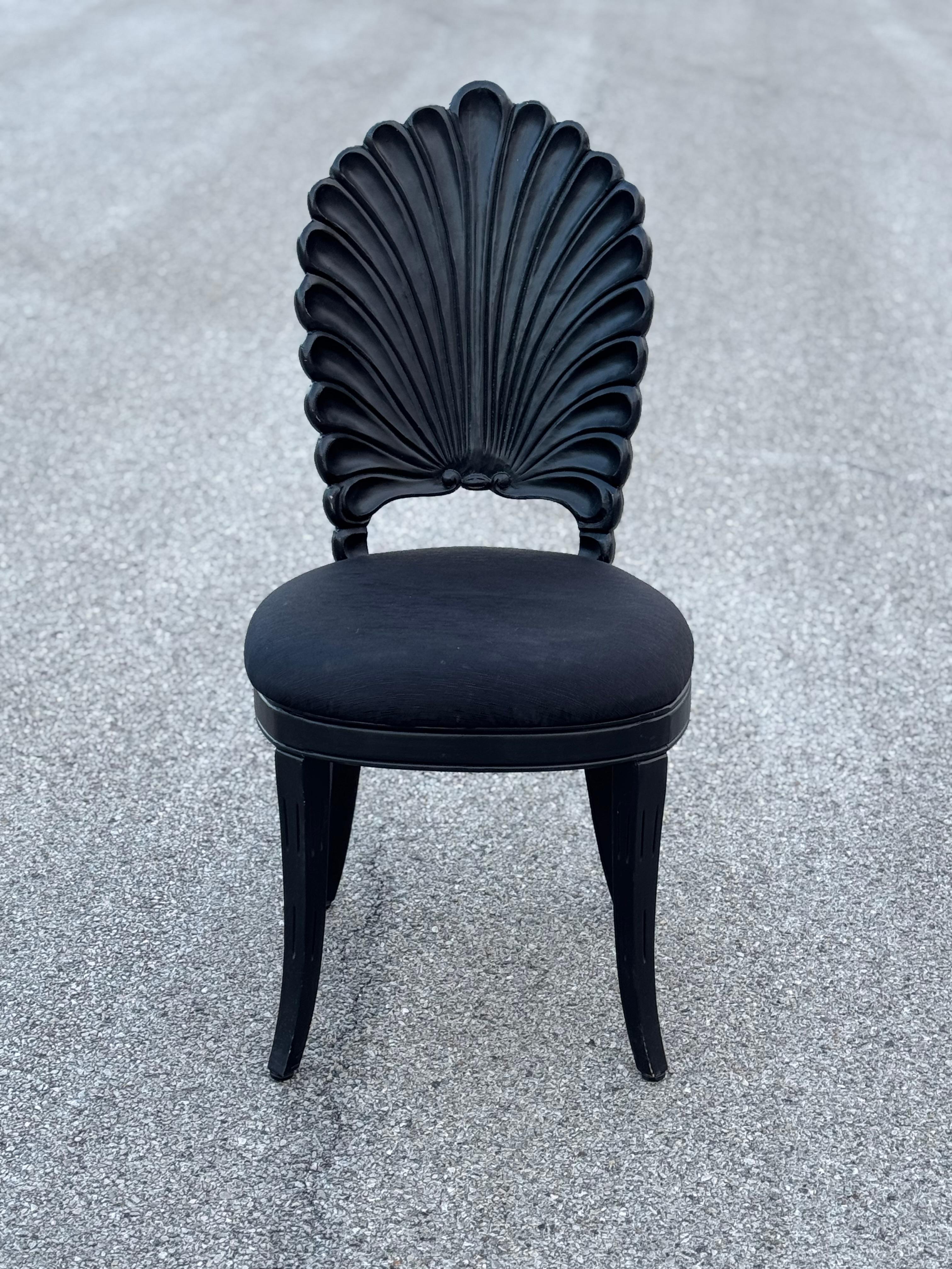 Hollywood Regency Set of 4 Black Venetian Grotto Style Scalloped Wood Shell Back Dining Chairs 70s