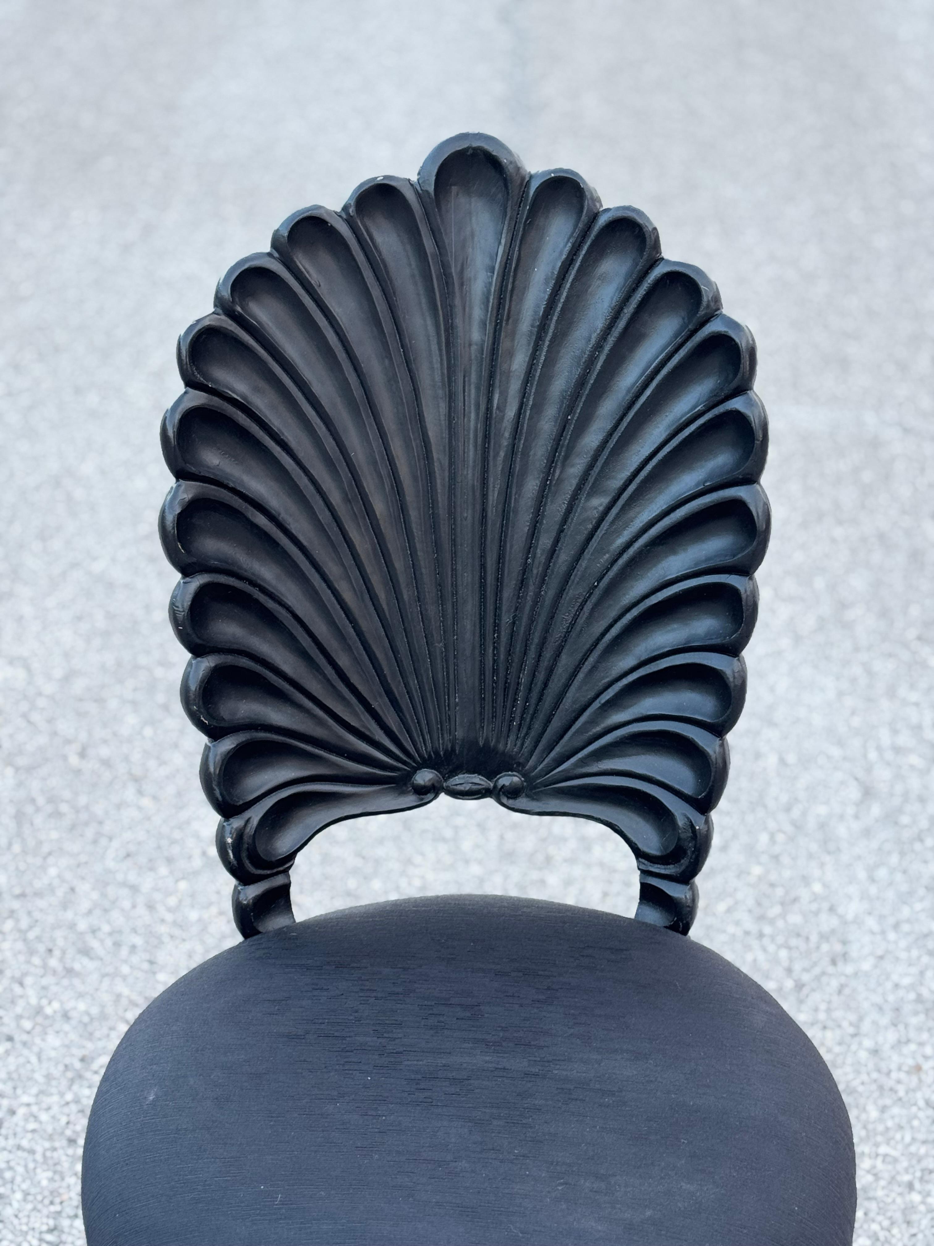 Italian Set of 4 Black Venetian Grotto Style Scalloped Wood Shell Back Dining Chairs 70s