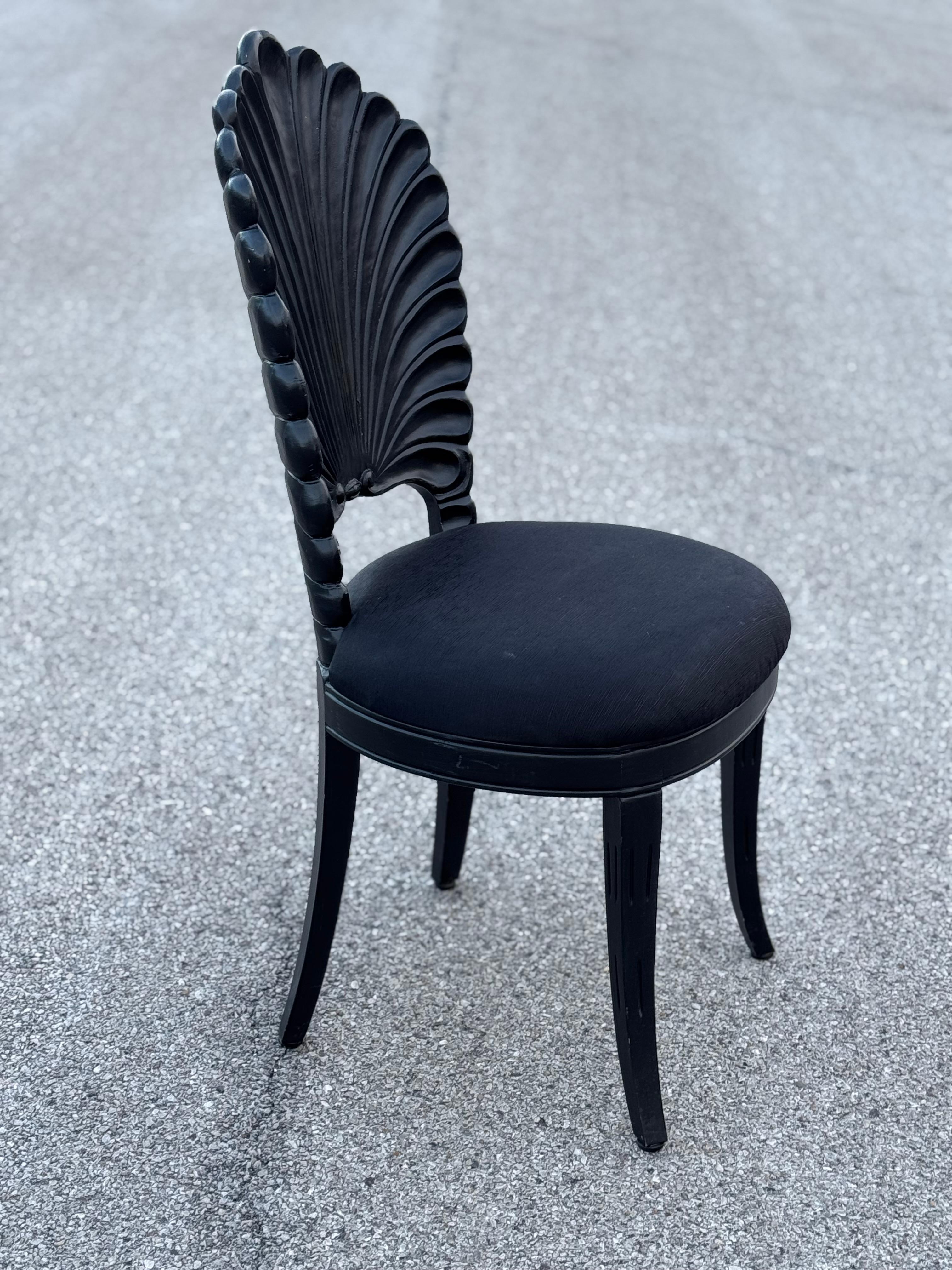 Late 20th Century Set of 4 Black Venetian Grotto Style Scalloped Wood Shell Back Dining Chairs 70s