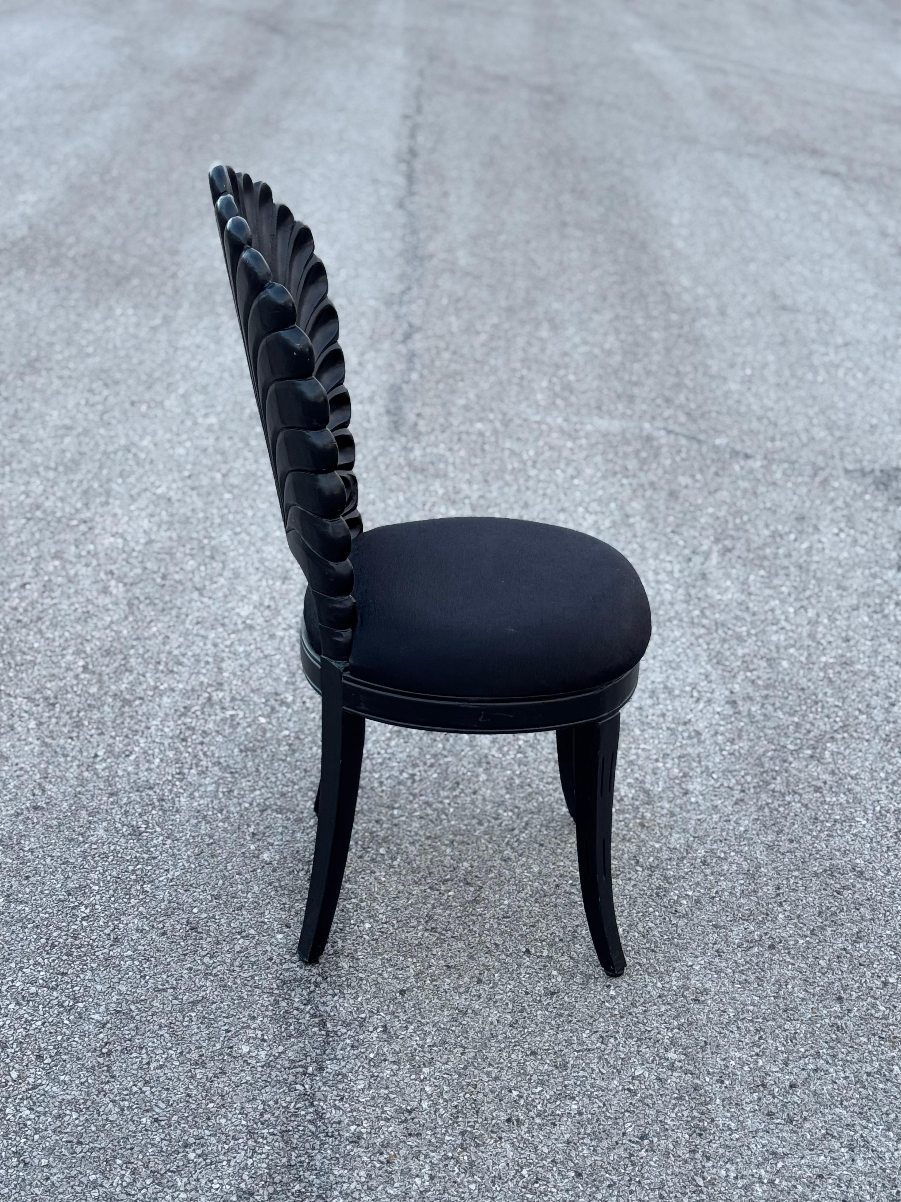 Set of 4 Black Venetian Grotto Style Scalloped Wood Shell Back Dining Chairs 70s 1