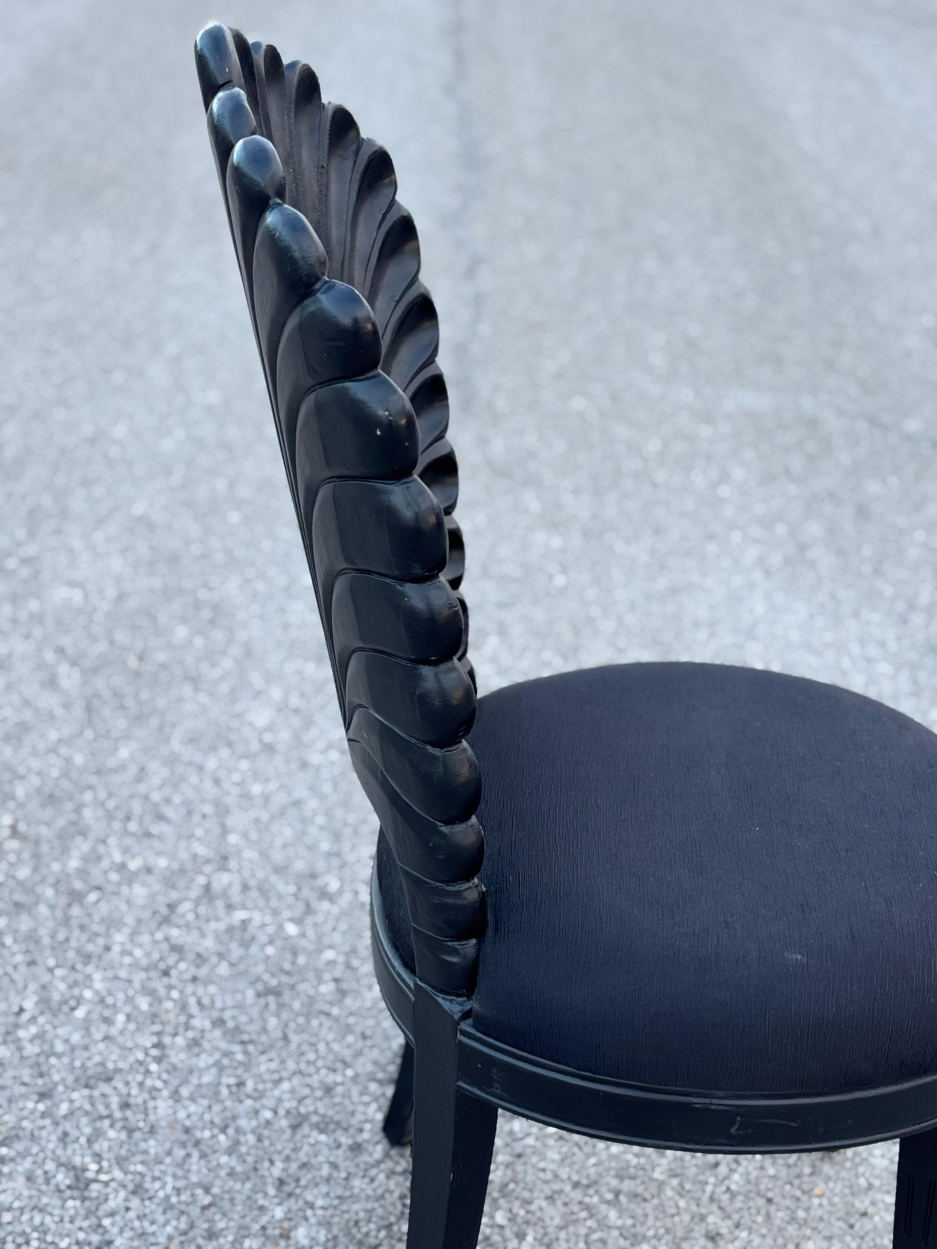 Set of 4 Black Venetian Grotto Style Scalloped Wood Shell Back Dining Chairs 70s 2