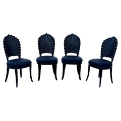 Set of 4 Black Venetian Grotto Style Scalloped Wood Shell Back Dining Chairs 70s