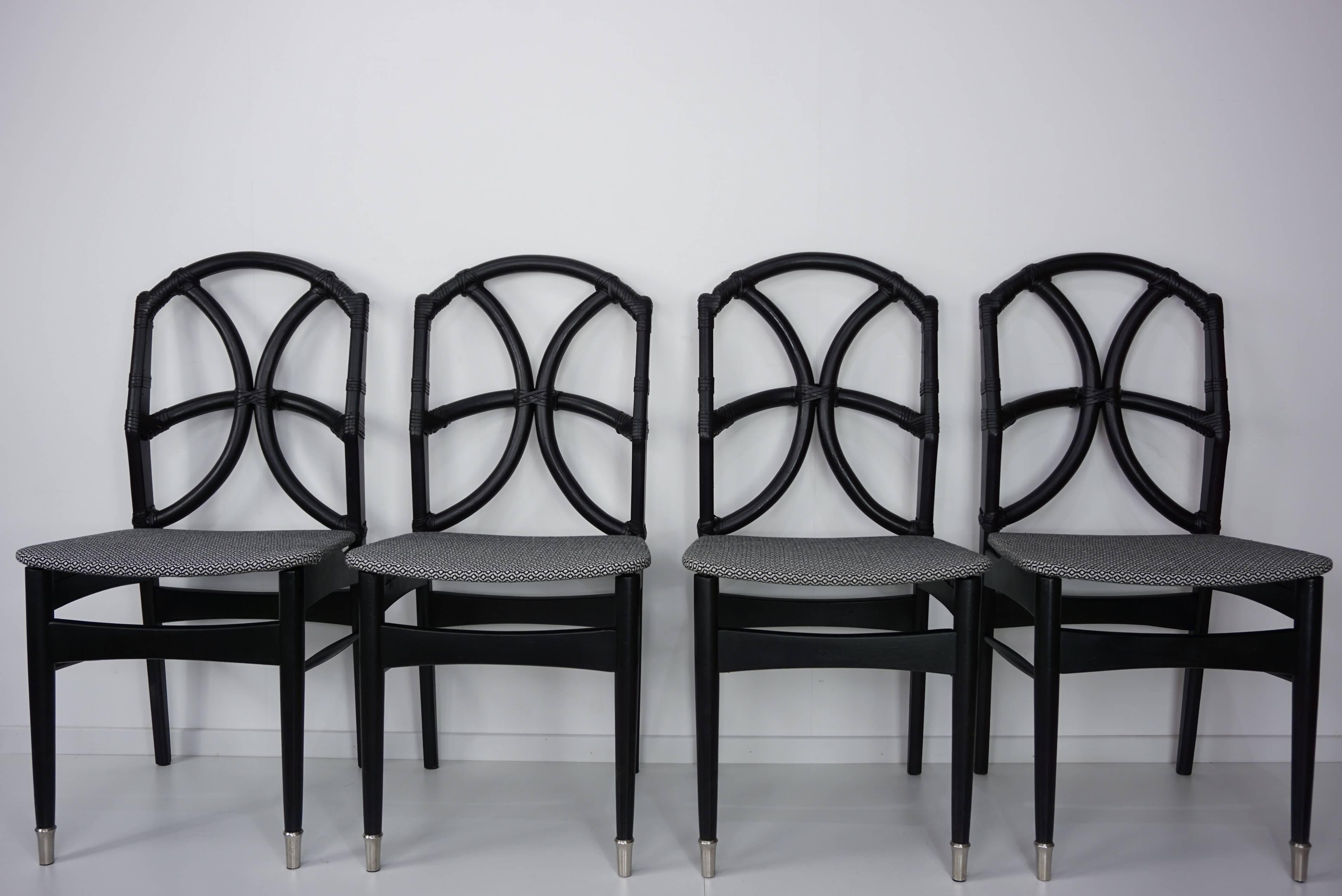 Set of Four Black Wooden Rattan Fabric and Leather Chairs Design, 1950s 4