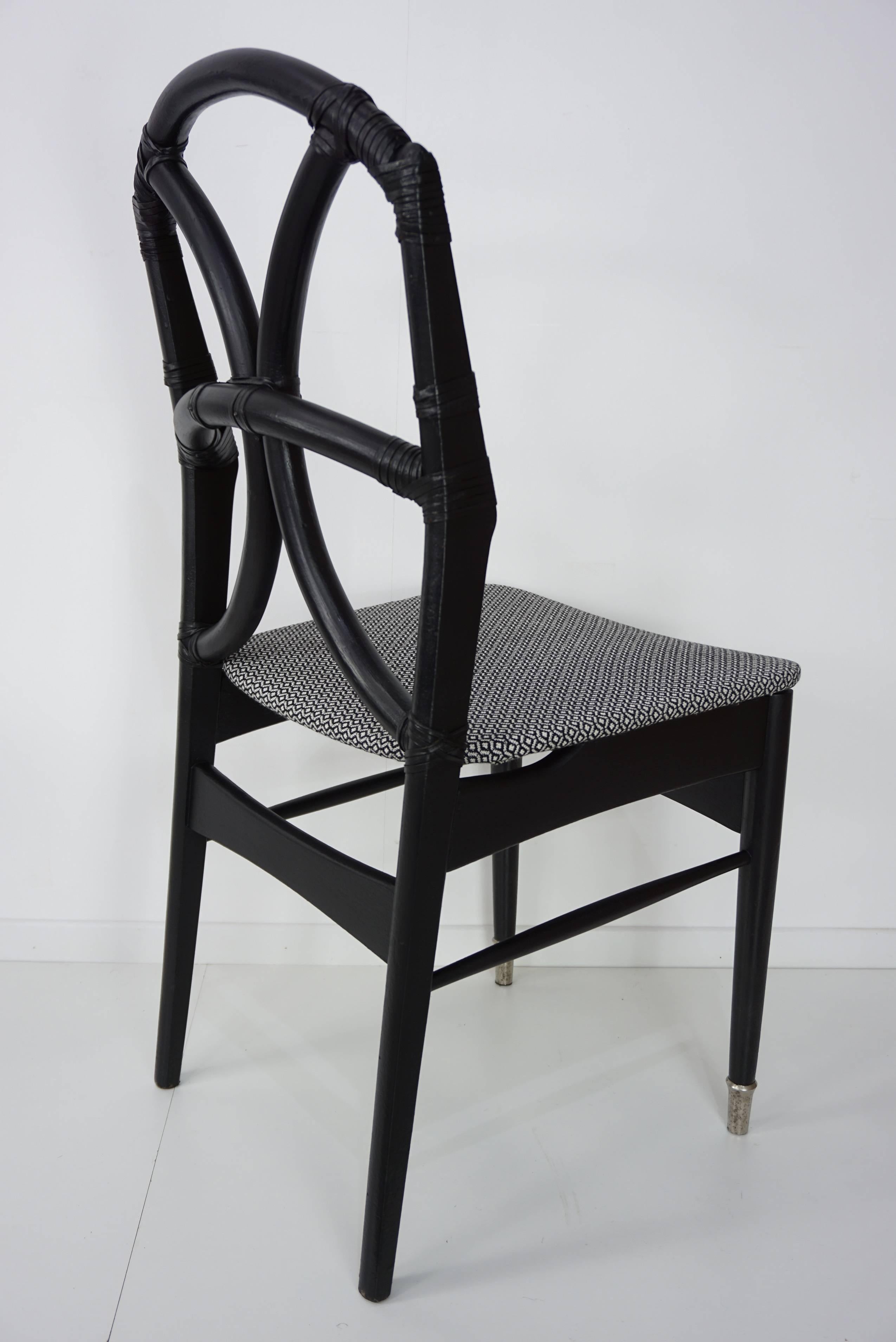 Set of Four Black Wooden Rattan Fabric and Leather Chairs Design, 1950s 6