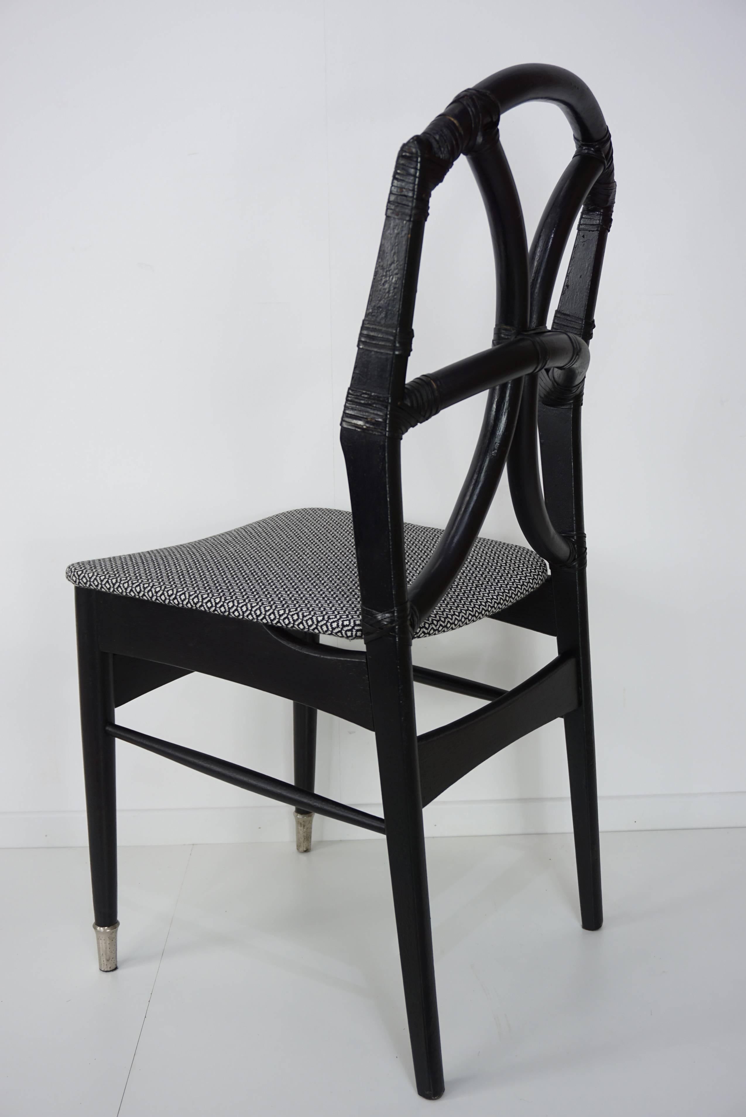 Set of Four Black Wooden Rattan Fabric and Leather Chairs Design, 1950s 7