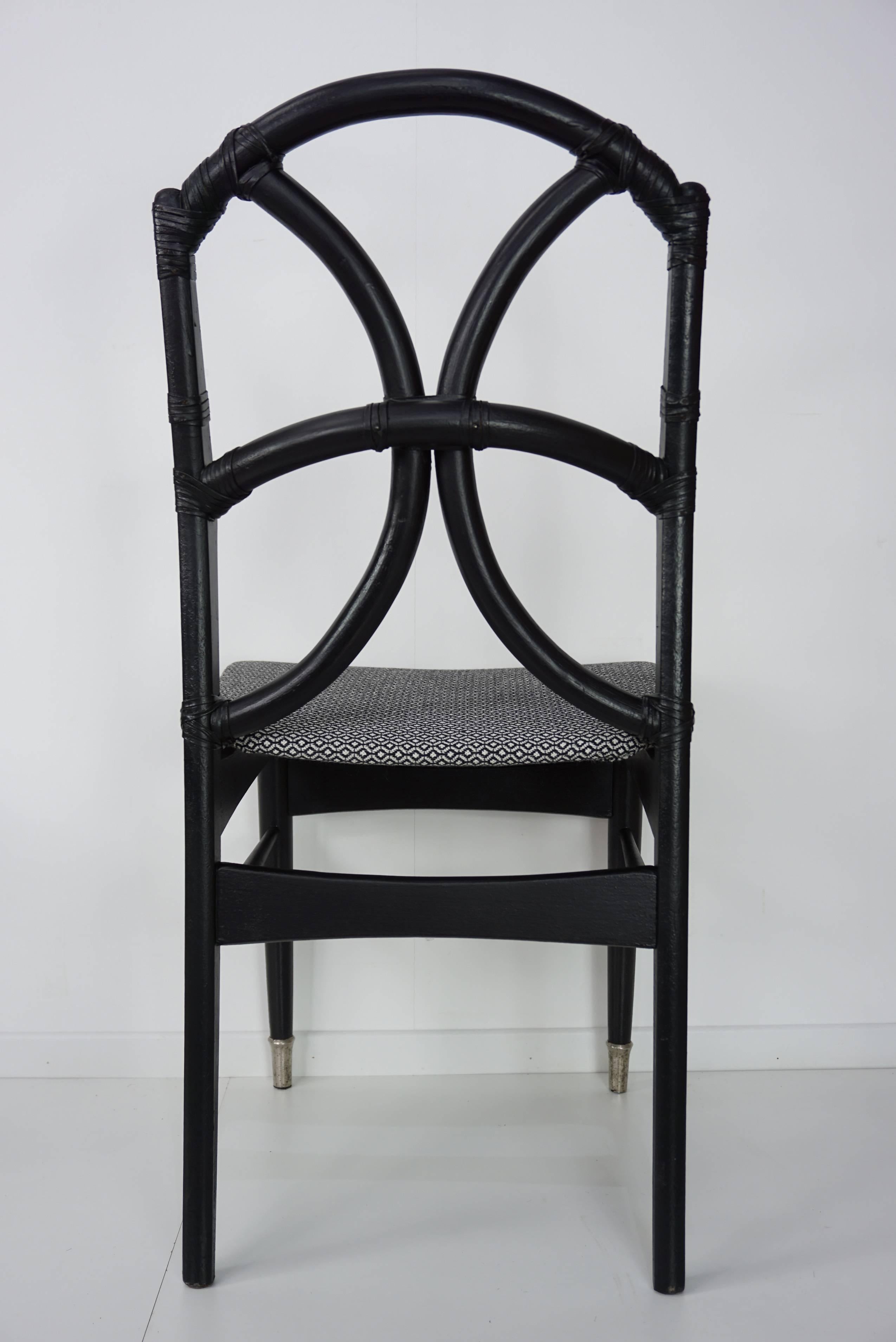 Set of Four Black Wooden Rattan Fabric and Leather Chairs Design, 1950s 10