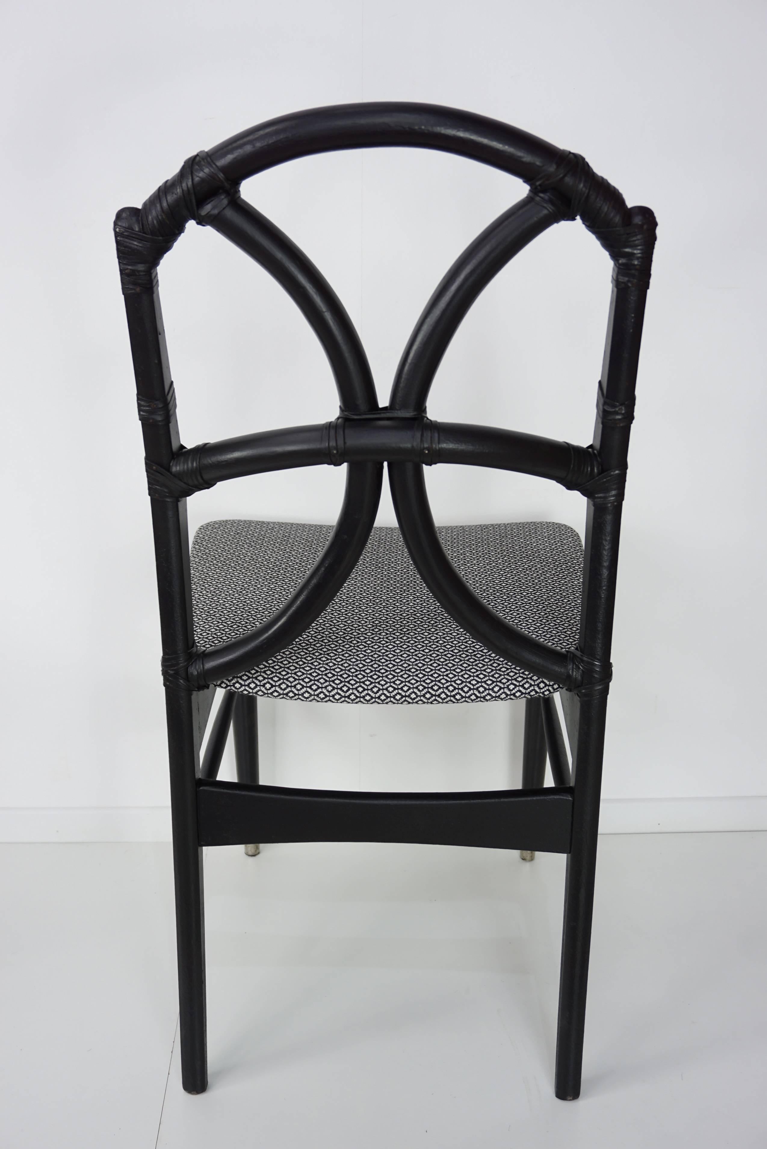 Set of Four Black Wooden Rattan Fabric and Leather Chairs Design, 1950s 11