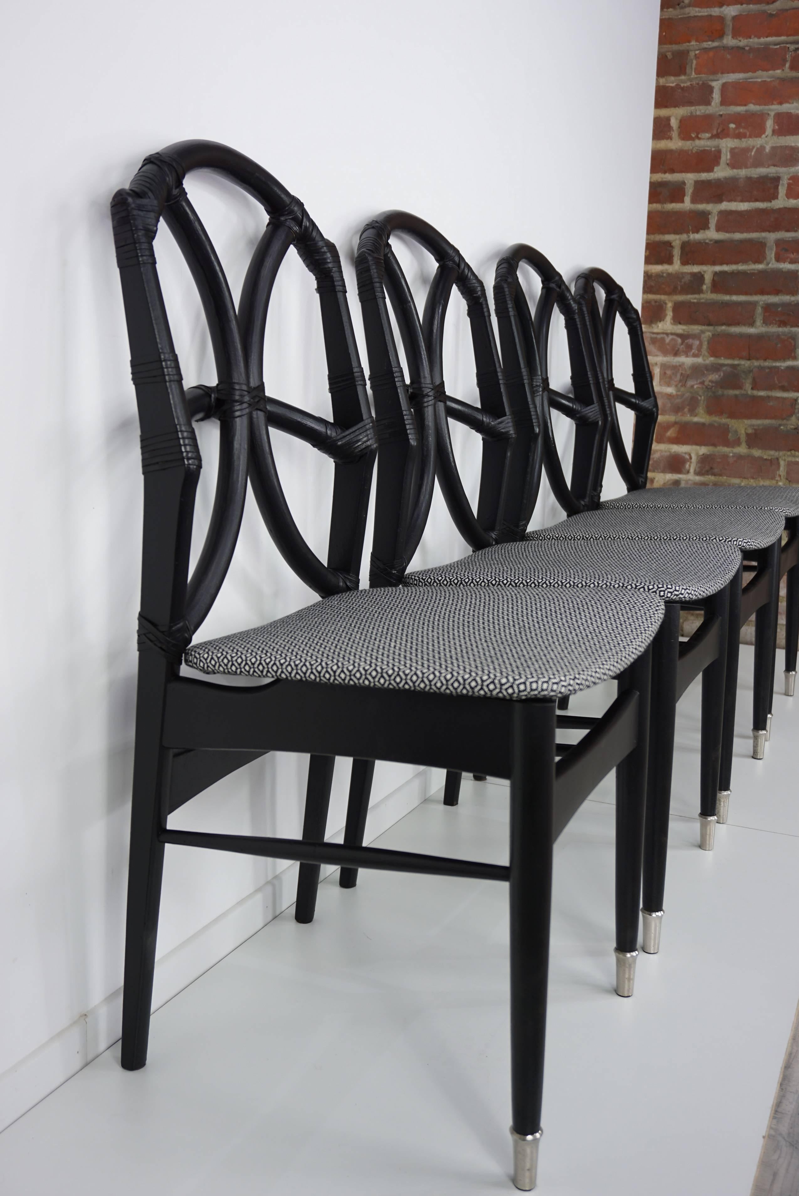 Set of Four Black Wooden Rattan Fabric and Leather Chairs Design, 1950s 13
