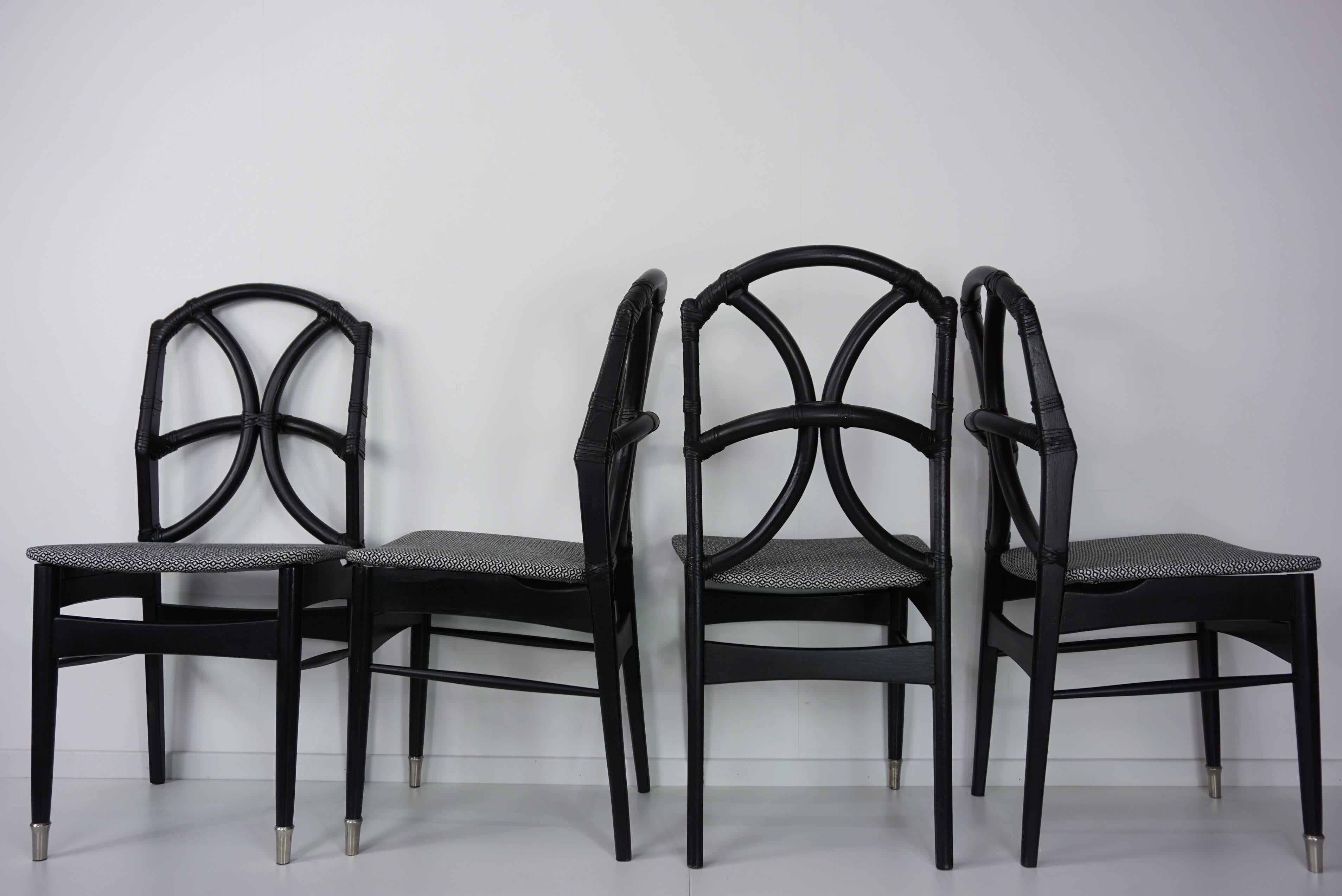 Set of Four Black Wooden Rattan Fabric and Leather Chairs Design, 1950s 14