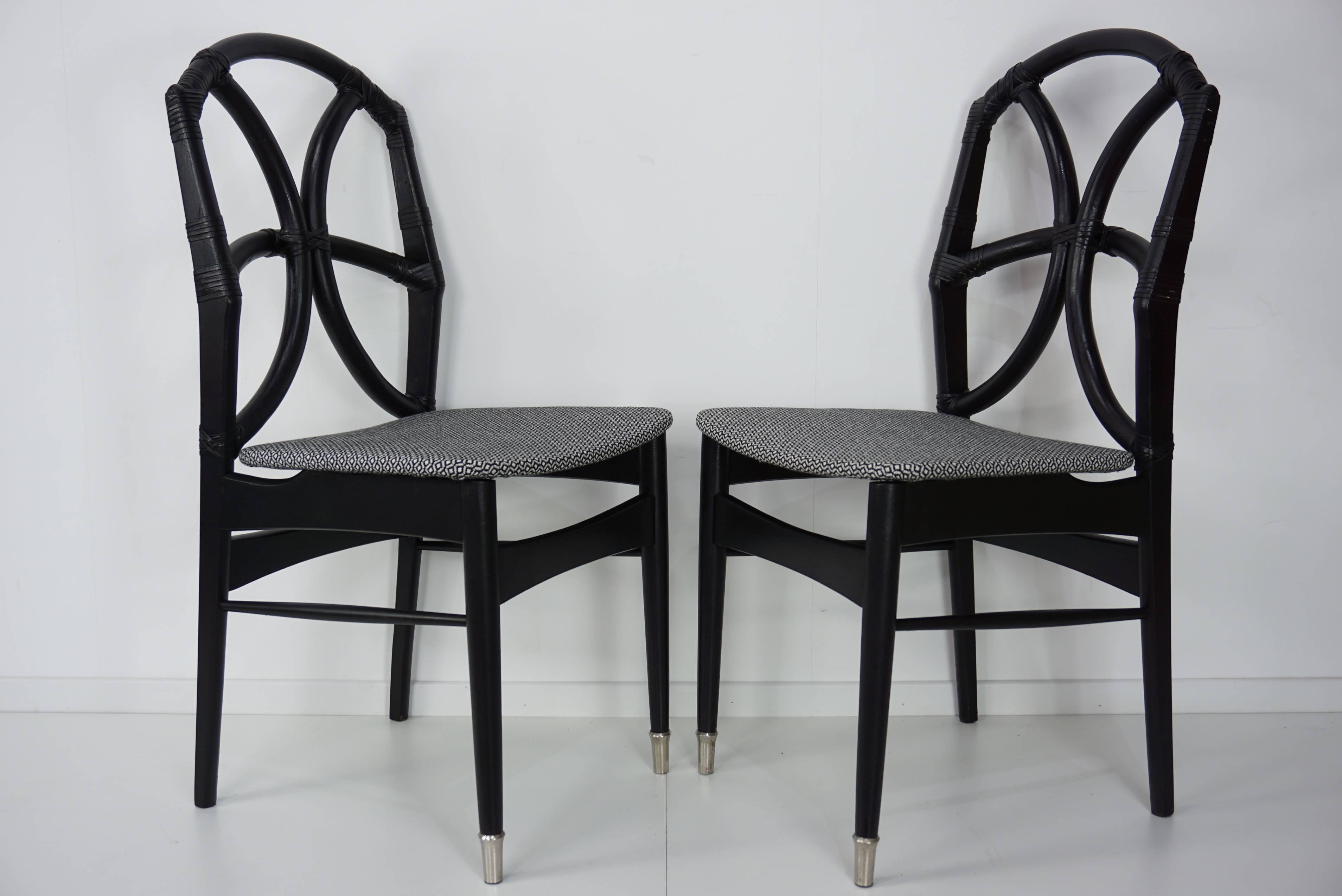 Mid-Century Modern Set of Four Black Wooden Rattan Fabric and Leather Chairs Design, 1950s
